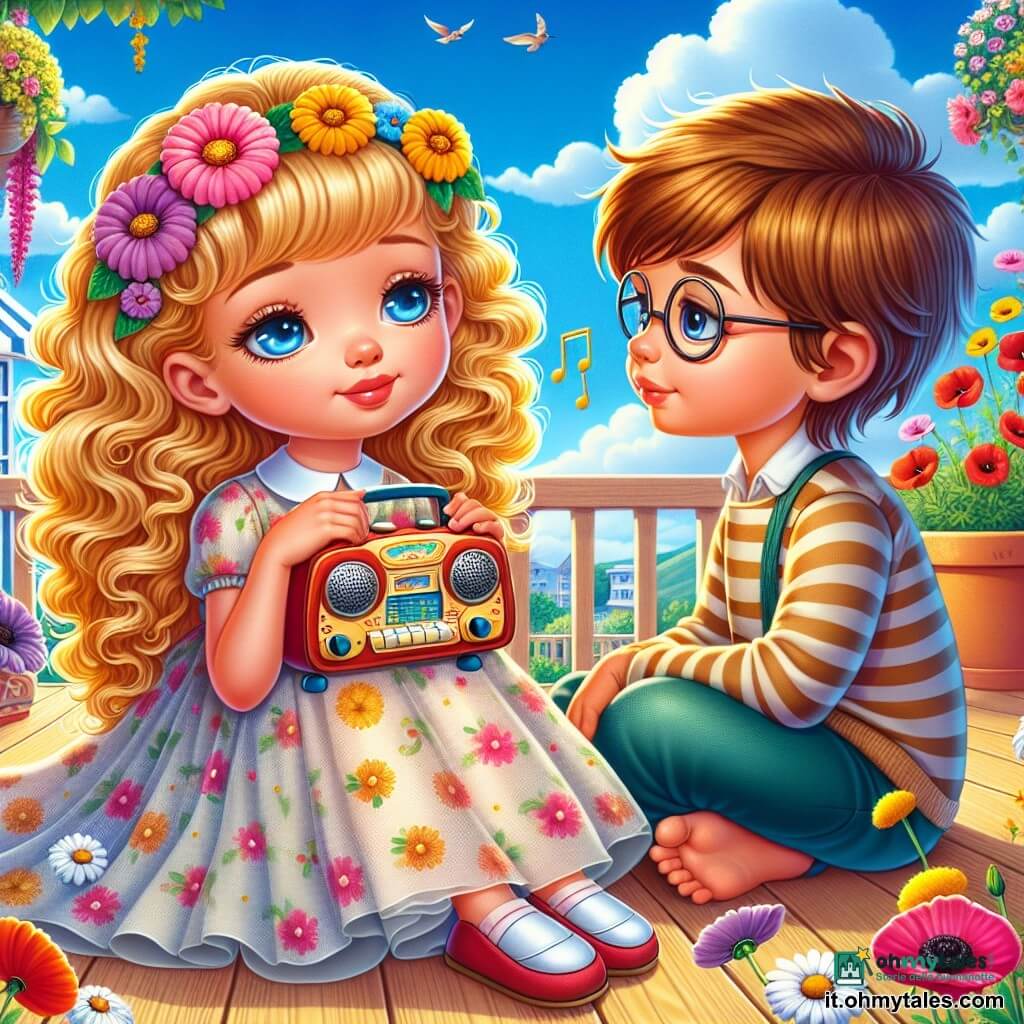 Una ragazza di 8 anni, Sofia, con capelli dorati e ricci, seduta su una terrazza di legno, con uno sguardo malinconico ma dolce, tiene in mano una piccola radio colorata. Indossa un vestito leggero a fiori, i suoi occhi brillano di una luce di nostalgia. Accanto a lei, un ragazzo di 8 anni, Marco, con capelli castani e occhiali rotondi, guarda attentamente Sofia, con un'espressione di comprensione sul viso. Sono circondati da fiori colorati, margherite e papaveri, che danzano dolcemente al vento. Il luogo è una terrazza soleggiata, adornata da vasi di fiori vivaci, con un cielo blu punteggiato di nuvole bianche e soffici. Sullo sfondo si intravede un giardino verdeggiante, pieno di vita e colori. La scena principale mostra Sofia e Marco che ascoltano attentamente la dolce melodia della radio, condividendo un momento di connessione e conforto, mentre ricordano i loro nonni scomparsi, il tutto immerso in una luce dorata al crepuscolo.