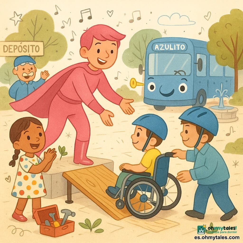 Lila, heroína sonriente y segura con pelo corto rosa y capa color chicle, ayuda a colocar una pequeña rampa de madera; Benito, un banco antropomórfico de madera con ojos en el respaldo y patas de hierro, se posa en una plataforma nueva; Sofía, niña de unos 7 años con vestido de lunares y trenzas, aplaude y sostiene una canción en papel; Tomás, niño de unos 8 años en silla de ruedas con adhesivos de estrellas y casco azul, sube la rampa con ayuda de amigos; Don Ramón, hombre de unos 60 años con bigote ancho y bata de guardián, dirige la operación junto al autobús azul Azulito, de aspecto amistoso; el lugar es la esquina entre un depósito de autobuses y un parque con suelo empedrado, árboles de hojas redondeadas, caja de herramientas abierta y una pequeña fuente; la escena principal es un momento alegre e inclusivo al instalar la rampa para que todos puedan usar el banco Benito, con ambiente luminoso, colores cálidos y notas musicales, estrellas y corazones como indicio de risas.