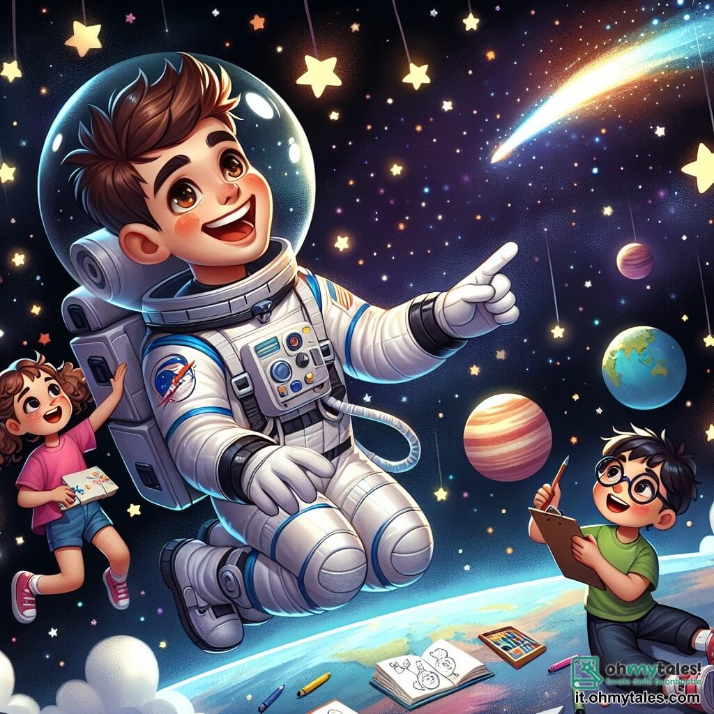 Un astronauta sorridente, un uomo di circa trent'anni con capelli castani e una tuta spaziale blu brillante, fluttua gioiosamente nello spazio, circondato da stelle scintillanti e pianeti colorati. I suoi occhi brillano di eccitazione mentre indica una stella cadente che attraversa il cielo. Vicino a lui, una bambina di 8 anni, Sofia, con capelli ricci e una maglietta rosa, guarda meravigliata, con gli occhi spalancati, mentre fluttua leggermente all'indietro, tenendo un piccolo taccuino da disegno. Un ragazzo di 9 anni, Luca, con occhiali spessi e una maglietta verde, sta prendendo appunti su una lavagna fluttuante, concentrato sulle spiegazioni dell'astronauta. La scena si svolge nell'immensità dello spazio, dove stelle brillanti illuminano lo sfondo nero e pianeti colorati come Marte e Giove sono visibili in lontananza, creando uno spettacolo magico e affascinante. L'astronauta Marco condivide la sua passione per lo spazio con i bambini, spiegando loro la bellezza delle stelle e dei pianeti, incoraggiandoli a sognare in grande e a esplorare l'universo.