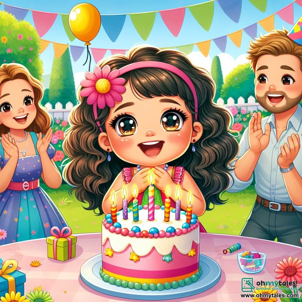 A 2-year-old girl with big bright eyes and curly hair is wearing a colorful dress and has a big smile on her face as she blows out the candles on a birthday cake. Next to her, her mother, a smiling woman around 30 with long brown hair, holds a colorful balloon and claps joyfully. Her father, a man about 35 with a light beard and a funny hat, stands behind her, ready to help her blow out the candles. The setting is a sunny garden filled with vibrant flowers and green trees, with a large table decorated with colorful garlands and a birthday cake at the center, surrounded by small gifts. The main scene shows the little girl surrounded by her family and friends, all singing "Happy Birthday" as she closes her eyes to make a wish before blowing out the candles.