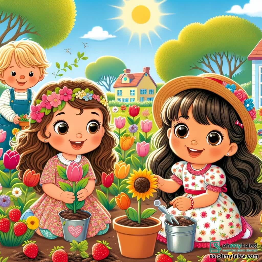 Una niña de 4 años, llamada Sofía, con largos cabellos castaños y ojos llenos de alegría, está plantando tulipanes de colores en una pequeña jardinería. Lleva un vestido de flores y un sombrero de paja, y su rostro expresa gran emoción y curiosidad. A su lado, su amigo Lucas, un niño de 5 años con cabello rubio y gafas, sostiene una gran semilla de girasol, sonriendo y listo para plantarla. Un poco más lejos, Ana, una niña de 4 años con cabello rizado y un vestido rojo, observa sus fresas que comienzan a crecer, con los ojos brillantes de asombro. El escenario es un jardín soleado, lleno de flores coloridas, árboles verdes y un cielo azul claro con algunas nubes blancas. Al fondo, se ve una escuela con paredes amarillas y ventanas abiertas, dejando pasar la suave brisa primaveral. La escena muestra el entusiasmo de los niños mientras descubren la magia de la naturaleza en crecimiento, cada uno concentrado en su tarea, rodeado de la belleza de la primavera.