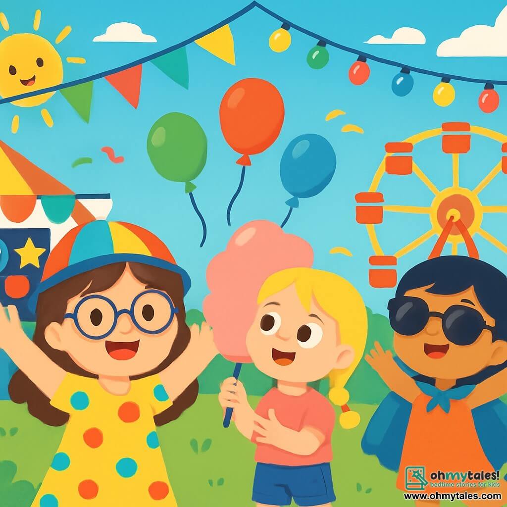 There are 3 characters: - Mia: an 8-year-old girl with brown hair and round glasses. She wears a colorful hat and a polka dot dress, smiling with her arms raised, full of energy. - Lily: a 7-year-old girl with braided blonde hair. She wears a pink t-shirt and denim shorts, holding a large pink cotton candy and looking around in wonder. - Zoe: an 8-year-old girl with black hair and sunglasses. She wears a shiny blue cape and joyfully dances with her arms in the air in the middle of the party. The setting is a vibrant carnival park filled with game booths, floating balloons, and fairy lights. Children laugh and play around a lit Ferris wheel while a clown juggles colorful balls. The sky is blue and sunny, and the air is filled with the sweet smell of popcorn and cotton candy. The main scene shows the three friends gathered in the middle of the celebration, laughing and having fun together, surrounded by colorful decorations and twinkling lights, ready to explore the carnival, full of joy and excitement.