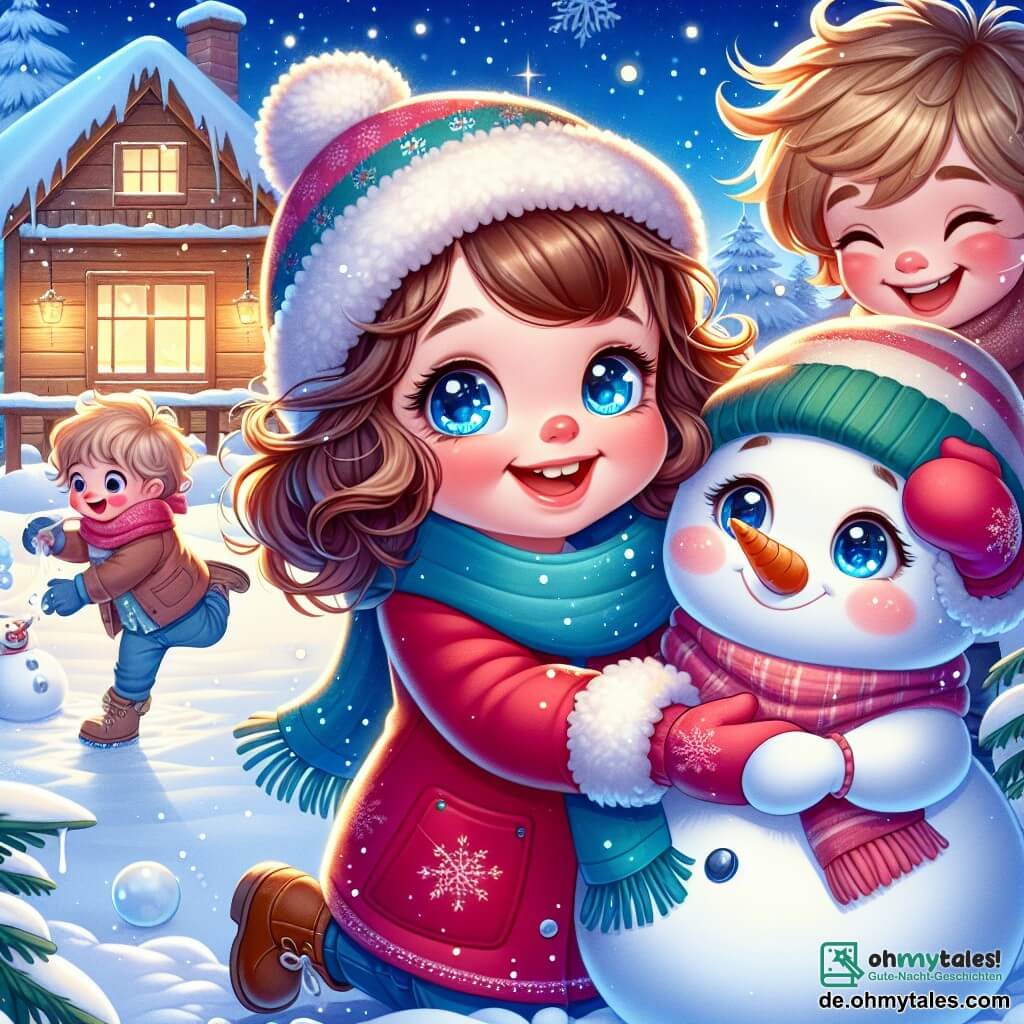 Ein 3-jähriges Mädchen namens Mia mit großen, glänzenden Augen und lockigem braunem Haar lächelt fröhlich, während sie einen kleinen Schneemann hält. Sie trägt einen leuchtend roten Mantel und einen blauen Schal, und ihr Gesicht strahlt vor Aufregung und Glück. Neben ihr lacht ihr bester Freund Luca, ein 4-jähriger Junge mit zerzausten blonden Haaren und einer grünen Mütze, während er einen Schneeball wirft, seine Wangen sind vom Kälte gerötet. Ihre Umgebung ist ein verschneiter Garten, in dem sanft Schneeflocken fallen und den Boden mit einer dicken weißen Schicht bedecken. Im Hintergrund sieht man eine hübsche Holzhütte mit funkelnden Lichtern, die die sternenklare Nacht erhellen. Die Hauptszene zeigt Mia und Luca, die einen Schneemann bauen, umgeben von Lachen und Freude, während sie ihre Kreation mit einer Karotte als Nase und Ästen als Arme dekorieren und den festlichen Geist des Neujahrs einfangen.