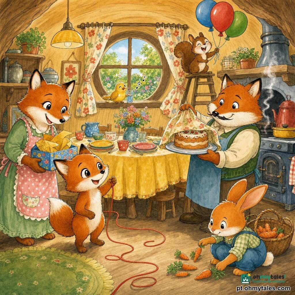 Um pequeno raposo ruivo (personagem principal), olhos grandes e brilhantes, orelhas pontiagudas e barriga com manchas brancas, sorri timidamente segurando um fio vermelho que serpenteia pelo chão e olha surpreso para uma grande mesa; à esquerda, uma mãe raposa com avental de bolinhas, rosto doce e olhar orgulhoso segura uma caixinha de presente aberta; à direita, um pai raposo corpulento com bigode fino, junto ao forno, segura um prato grande e aponta para um bolo escondido atrás de uma cortina; um coelho laranja de orelhas grandes agacha-se junto a uma cesta colhendo pequenas cenouras e sorri agradecido; um esquilo castanho numa pequena escada segura balões coloridos (azul, vermelho, verde) e ri; um pequeno pássaro amarelo pousado na janela bebe água de um copinho no peitoril e canta suavemente; cozinha acolhedora em toca com paredes de madeira clara, mesa grande com toalha amarela, louça colorida, forno antigo com vapor de baunilha, cortina florida e janela redonda para um jardim ensolarado; cena central: o raposo segue o fio vermelho que leva à mesa onde família e amigos preparam a aparição do bolo de aniversário; ambiente alegre, cores quentes, traço em tinta colorida nítido e texturas aquarela, composição clara e legível para crianças.