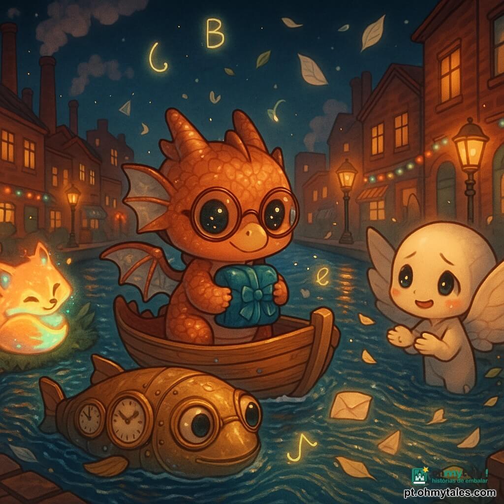 Um pequeno dragão chibi de escamas cobreadas brilhantes e olhos como pequenos vidros estrelados, asas de tecido com fios prateados, expressão determinada e terna, segura um pacote de veludo azul no peito enquanto está numa pequena barca de madeira; um grande peixe-barca de latão com relógios incrustados no flanco e olhos de luneta de bronze sorri e nada ao lado como se empurrasse a barca; uma raposa neon enrolada na margem esquerda, pelo elétrico a piscar, observa feliz; uma criatura tímida de grandes asas de papel espera na margem direita com as mãos prontas para receber a carta; o canal é feito de água-páginas com palavras flutuantes, cercado por fábricas de tijolos vermelhos, chaminés fumegantes, guirlandas de néon, pequenas lojas e postes de luz retrô quentes; o vento levanta folhas de papel e letras que rodopiam, criando uma atmosfera de ternura corajosa e verdade compartilhada.