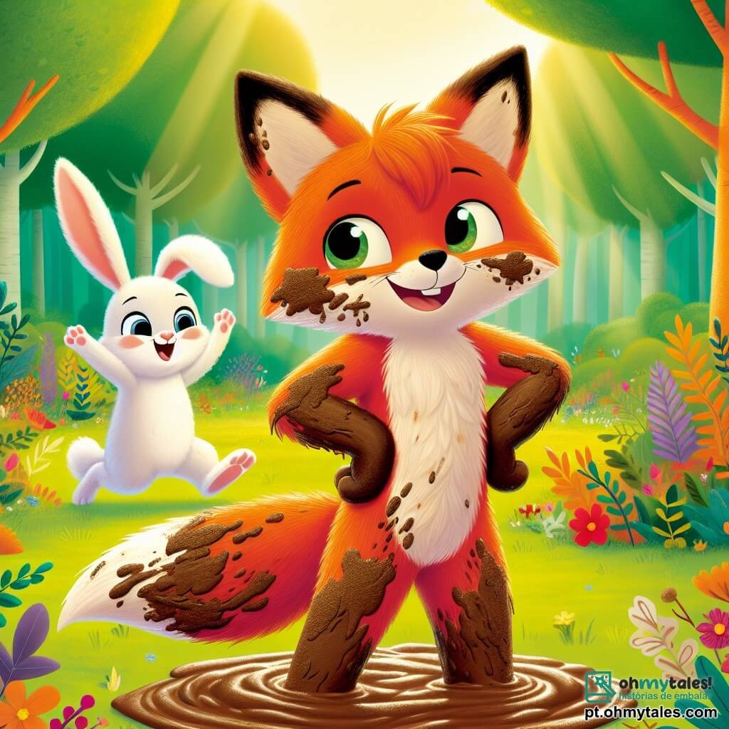 Um raposinho chamado Rão, com pelagem laranja brilhante e olhos curiosos, está no centro da imagem, com as patas sujas de lama, mas exibindo um grande sorriso de orgulho e alegria. À sua direita, uma coelhinha chamada Lila, com pelagem branca e orelhas longas e retas, salta de alegria, seus olhos brilhando de excitação, aplaudindo Rão por sua coragem. O cenário é uma floresta encantada, com árvores majestosas de folhas verdes vibrantes, flores coloridas espalhadas pelo chão e raios de sol filtrando pelas ramas, criando uma atmosfera acolhedora. A situação principal mostra Rão, após cair em uma poça de lama, percebendo que pode ser ele mesmo e se divertir, cercado por sua amiga Lila, que o apoia com entusiasmo, ilustrando o tema da autoconfiança e aceitação.