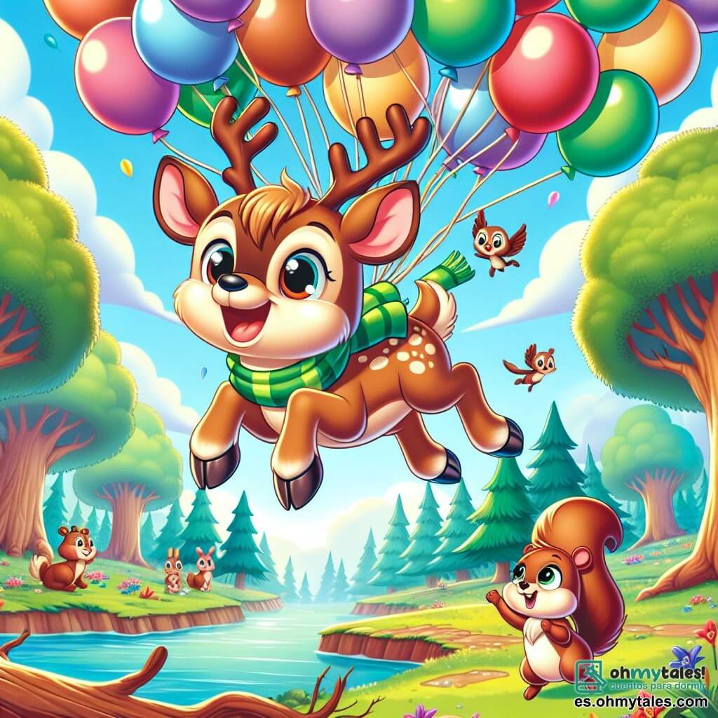 Un reno llamado Ramón, con un pelaje marrón claro y grandes ojos llenos de curiosidad, flota alegremente en el aire, sostenido por globos de colores. Lleva una bufanda hecha de hojas verdes que vuela al viento, y su brillante sonrisa muestra su emoción. A su lado, su mejor amiga, una pequeña ardilla llamada Sofía, con pelaje rojizo y ojos brillantes, ríe mientras intenta mantenerse en el aire, con las patas extendidas hacia Ramón. Al fondo, un magnífico claro del bosque encantado está lleno de árboles majestuosos y flores de colores vivos, mientras que otros animales, como conejos y pájaros, observan la escena con asombro. La imagen principal muestra a Ramón y Sofía en pleno vuelo, rodeados de globos, listos para vivir una aventura hilarante e inesperada sobre el lago brillante abajo.