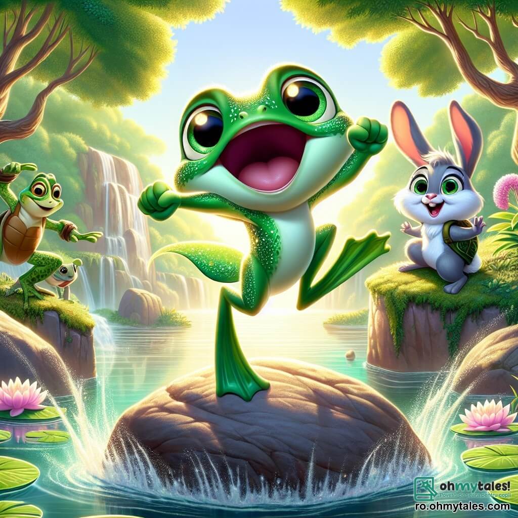 O broască mică numită Froggy, cu o piele verde strălucitoare și ochi rotunzi și strălucitori, sare vesel de pe o piatră mare de la marginea unui iaz. Expresia ei este plină de determinare și fericire, iar labele din spate sunt îndoite, pregătite pentru un salt impresionant. Aproape de ea, prietenul său Pufi, un iepuraș adorabil cu urechi mari și blană albă, o încurajează ridicând labele din față, cu un zâmbet entuziast. Tita, o broască țestoasă înțeleaptă cu un carapace verde decorată cu motive, observă cu bunăvoință de pe o piatră, cu ochii strălucind de mândrie. Peisajul este o pădure luxuriantă, unde copaci majestuoși cu frunze verzi strălucitoare înconjoară un iaz sclipitor, presărat cu nuferi roz și albi. Razele soarelui filtrează printre crengi, creând străluciri aurii pe apă. Situația principală o arată pe Froggy luând avânt pentru a sări cât mai sus posibil, cu o emoție palpabilă în aer, în timp ce prietenii ei o încurajează cu strigăte de bucurie, sărbătorind curajul și determinarea ei.