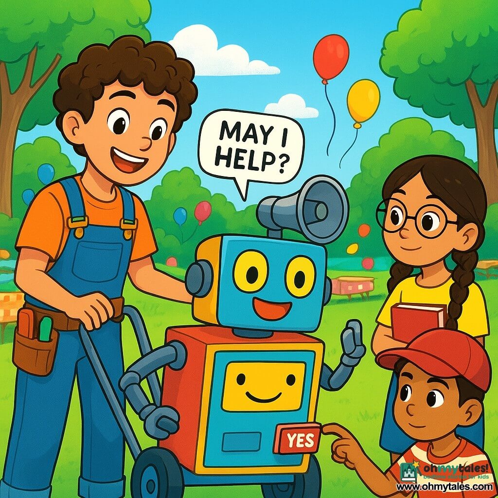 Leo Lark is a young man with bright eyes and curly hair, wearing blue overalls and a tool belt. He has an enthusiastic smile and is pushing his invention, the Helpful Hodgepodge, a colorful cart with a friendly face painted on the front. Next to him, Mira, a ten-year-old girl with round glasses and braided hair, curiously observes while holding a book under her arm. Jamal, a nine-year-old boy in a striped t-shirt and baseball cap, stands near the machine, ready to press the "Yes" button with a determined look. The scene takes place in a sunny park filled with picnic tables covered in colorful tablecloths, floating balloons, and children's laughter. Lush trees surround the park, and the sky is a bright blue, dotted with fluffy white clouds. Leo showcases his cart to his friends, who are all excited to help him solve small problems. The Helpful Hodgepodge is ready to assist people in the park, with its articulated arms and a small speaker politely asking, "Can I help?"