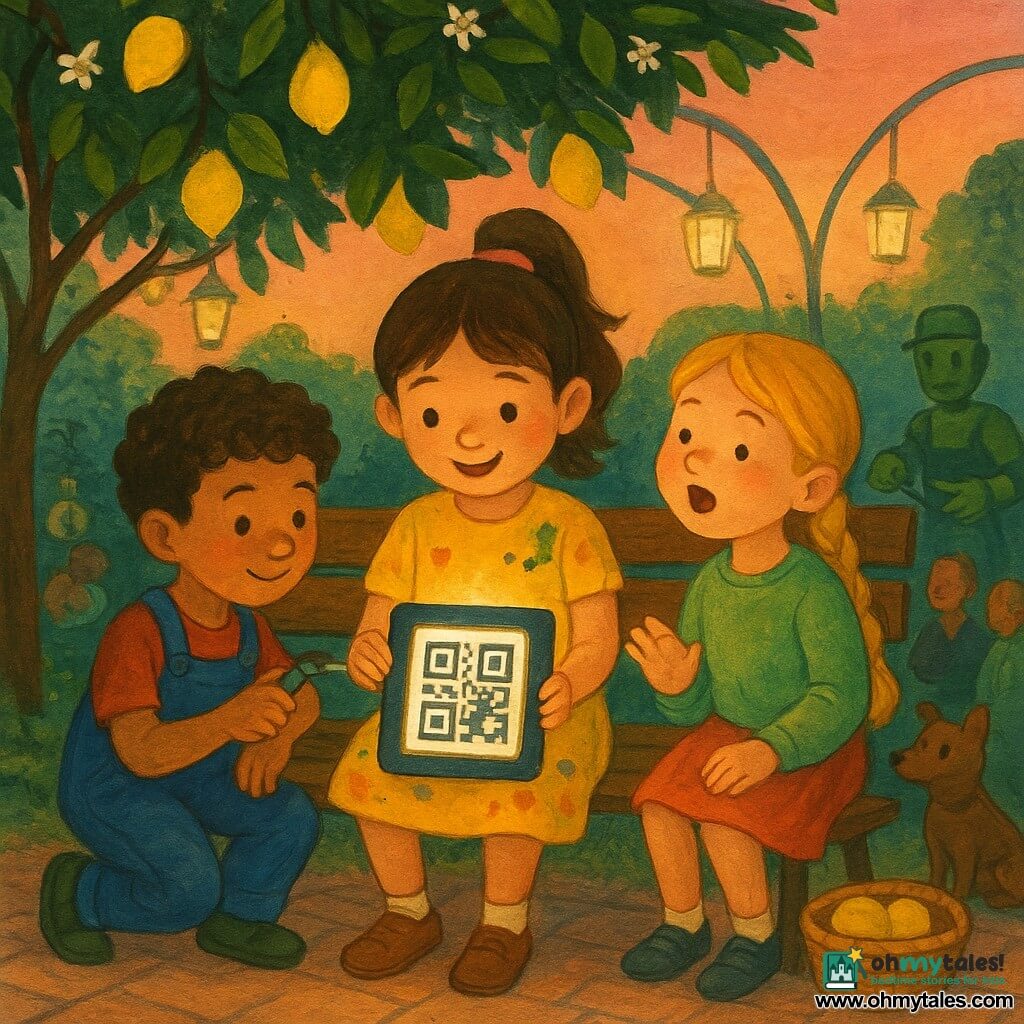 Three children: Maya, 5, brown hair in pigtails, yellow paint-stained dress, holding a glowing tablet at the center in front of a bench under a tree; Jonas, 5, short curly hair, blue overalls with tool pockets, crouched left of Maya fixing a wire on the tablet with pliers; Pippa, 5, blond in a braid, light green sweater, right of Maya softly singing with one hand raised. Scene: a wooden bench beneath a large urban lemon tree with dark green leaves, white blossoms and yellow fruit; translucent glass pods and silver rails with climbing green vines pass in the background, garden robots and soft lampposts nearby, light-colored paved ground with a small basket of lemon cookies by the bench. Main action: the children activate a tablet showing a glittering black-and-white QR code square that casts a warm glow on their faces as adults and a small dog gather to sit and listen to stories; warm, soft colors, gouache-like strokes, paper textures, and pink-orange twilight light.