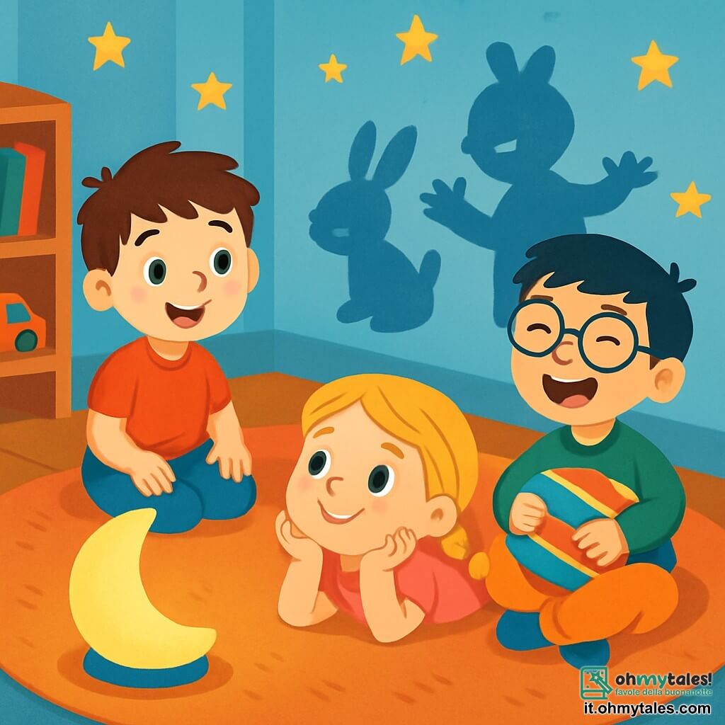 Ci sono 3 personaggi: - Luca: un ragazzo di 6 anni con capelli castani disordinati e occhi brillanti. È seduto sul tappeto, sorridente, con una lampada soffusa accanto a lui. - Anna: una ragazza di 5 anni con capelli biondi intrecciati e un vestito rosa. È sdraiata a pancia in giù, con le mani sotto il mento, mentre guarda le ombre ballare sul muro. - Marco: un ragazzo di 6 anni con capelli neri e occhiali rotondi. È seduto a gambe incrociate, ridendo, con un cuscino colorato sulle ginocchia. Il luogo è una camera accogliente, con pareti dipinte di azzurro chiaro e stelle dorate attaccate al soffitto. Un grande tappeto morbido copre il pavimento e una luce soffusa proviene da una lampada a forma di luna, proiettando ombre divertenti sulle pareti. I bambini, seduti insieme, scoprono che le ombre nella stanza non sono spaventose, ma piuttosto amici che ballano e giocano con loro. Ridono e si rilassano, trasformando la loro paura del buio in un gioco gioioso e confortante.