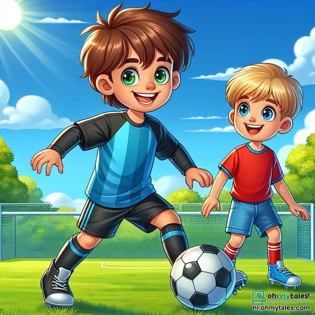 Een jonge jongen, Sam, ongeveer 10 jaar oud, staat in het midden van de afbeelding. Hij heeft rommelig bruin haar, een stralende glimlach en sprankelende ogen van vreugde. Hij draagt een blauwe voetbalshirt met een zwarte short en dribbelt een voetbal op een groen veld, met zijn armen wijd open, vol energie en vastberadenheid. Naast hem bewondert Lucas, een andere jongen van 8 jaar, Sam met verwonderde ogen. Lucas heeft blond haar en draagt een rood t-shirt en een blauwe short. Hij staat iets op de achtergrond, klaar om Sam na te doen, met een grote glimlach op zijn gezicht. De setting is een mooi voetbalveld, omringd door groene bomen en een heldere blauwe lucht met enkele witte wolken. De zon schijnt, wat een vrolijke en levendige sfeer creëert. De belangrijkste situatie toont Sam die Lucas laat zien hoe hij de bal moet dribbelen, wat de geest van vriendschap en delen tussen de twee jongens illustreert terwijl ze samen plezier hebben op het veld.