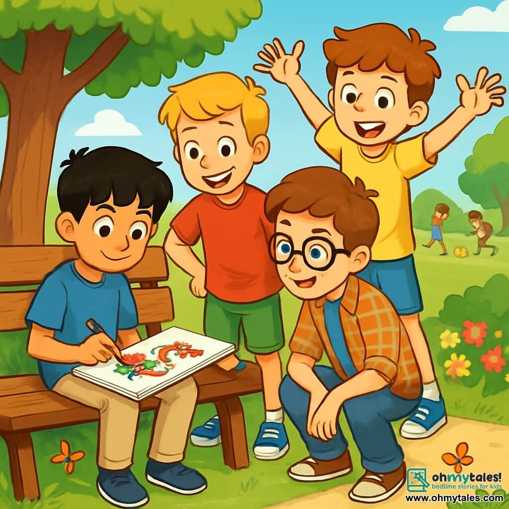There are 4 children: - Amir: an 11-year-old boy with black hair and brown eyes, wearing a blue t-shirt and beige pants. He is sitting on a bench, drawing in his sketchbook. - Jake: a 12-year-old boy with blond hair and light eyes, dressed in a red t-shirt and green shorts. He is standing next to Amir, smiling and looking at his drawing. - Sam: an 11-year-old boy with brown hair and glasses, wearing a plaid shirt and jeans. He is crouching in front of the bench, closely observing Amir's drawing. - Leo: a 12-year-old boy with brown hair and freckles, dressed in a yellow t-shirt and blue shorts. He is standing behind Jake, enthusiastically gesturing with his arms. The main setting is a sunny park with large trees and vibrant green leaves, bordered by colorful flowers. A wooden bench is placed under a tree, and the grass is bright green, dotted with small butterflies flying around. The main scene shows the children joyfully discussing Amir's colorful dragon drawing, exchanging ideas and laughing together, illustrating their friendship and acceptance, while other children play in the distance, creating an atmosphere of happiness and acceptance.