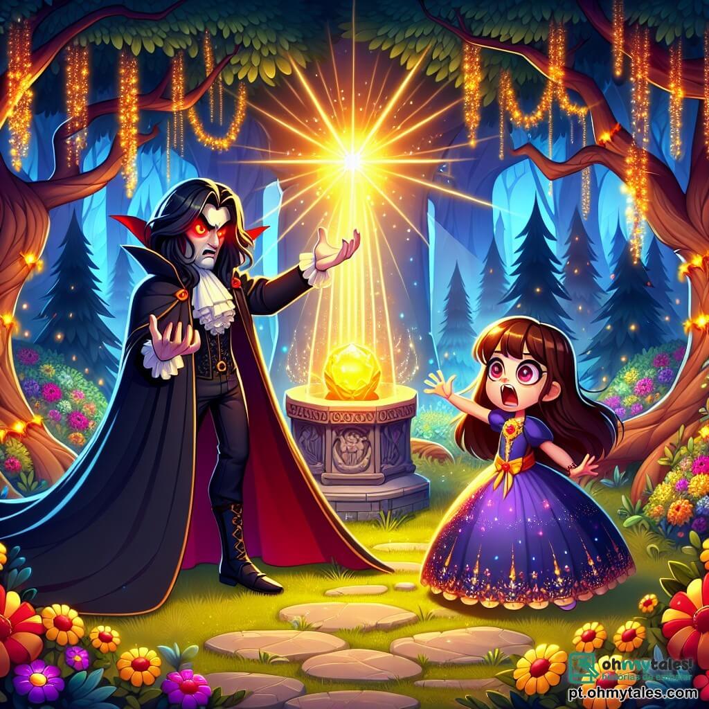 Um vampiro misterioso, com longos cabelos negros e olhos vermelhos brilhantes, está no centro da cena, exibindo uma expressão de raiva e frustração. Ele usa uma capa escura que flutua ao seu redor, enquanto estende os braços em direção a uma luz brilhante que emana de um altar mágico. Perto dele, Clara, uma menina de 10 anos com cabelos castanhos e olhos cheios de curiosidade, observa corajosamente o vampiro. Ela está vestida com um vestido colorido e segura uma esfera luminosa nas mãos, pronta para defender a floresta encantada. A cena ocorre em uma clareira mágica, cercada por árvores majestosas com folhas cintilantes, onde flores coloridas crescem em abundância. No centro, um altar de pedra emite uma luz dourada, iluminando os rostos dos personagens e criando uma atmosfera mágica. A situação principal mostra o vampiro tentando se apoderar da magia da floresta, enquanto Clara, com coragem e determinação, se coloca entre ele e o altar, pronta para proteger seu mundo encantado.