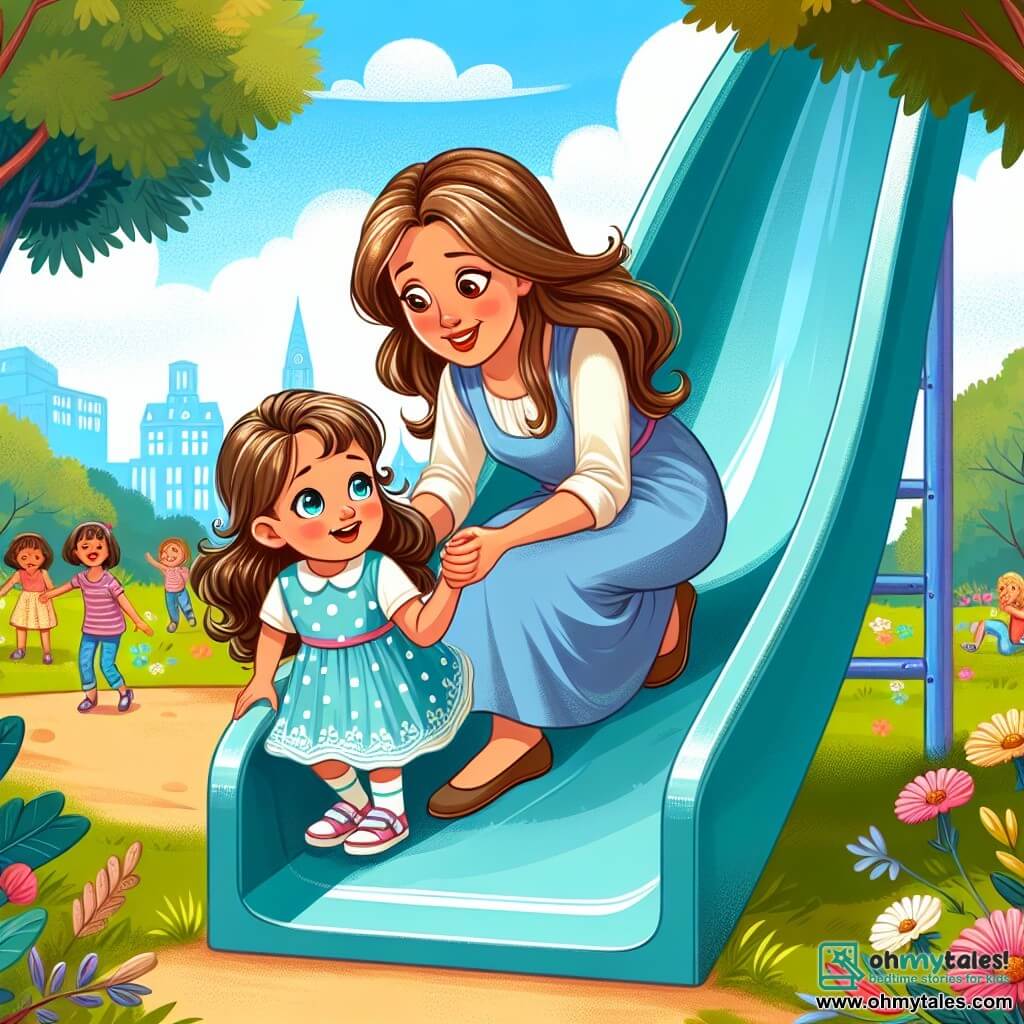 A 4-year-old girl with long brown hair and sparkling eyes is wearing a pretty blue dress with white polka dots. She stands at the top of a tall slide, her face beaming with excitement and determination, ready to slide down. Next to her, her mother, a woman in her thirties with brown hair and a warm smile, encourages her with open arms, standing at the bottom of the slide. The park is lush with greenery, majestic trees, colorful flowers, and a bright blue sky. Children play around, laughing and running on the soft grass. The main scene shows the little girl about to slide down, a mix of apprehension and joy on her face, while her mother lovingly encourages her, symbolizing self-confidence and parental support.