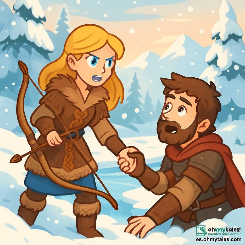 Freya, una joven vikinga de cabello dorado y ojos azul océano, se encuentra orgullosamente al borde de un arroyo helado, su rostro decidido y valiente iluminado por la luz de la mañana. Lleva una túnica de piel marrón, adornada con motivos nórdicos, y sostiene un arco de madera tallada, lista para enfrentar el desafío que la espera. A su lado, Bjorn, un joven de 25 años con cabello castaño y barba desaliñada, mira a Freya con sorpresa y respeto. Viste una armadura de cuero y una capa roja, y parece dudoso, como si comprendiera el valor del honor. El lugar es un hermoso Bosque Congelado, donde árboles majestuosos cubiertos de nieve brillante se elevan a su alrededor. Copos de nieve caen suavemente, creando una atmósfera mágica y pacífica, mientras montañas nevadas se perfilan en el horizonte bajo un cielo pastel. La escena principal muestra a Freya extendiendo la mano para ayudar a Bjorn, que está atrapado en la nieve, ilustrando un momento de elección entre la competencia y la amistad. Las expresiones en sus rostros capturan la tensión y determinación de este momento crucial.