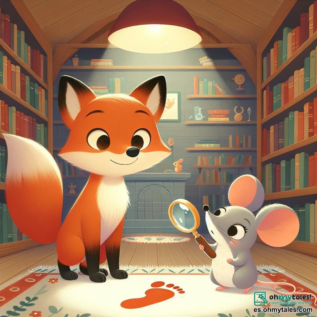 Un pequeño zorro de ojos brillantes y curiosos, con pelaje naranja vivo y una pequeña cola esponjosa, está en el centro de la biblioteca, observando atentamente una huella misteriosa en el suelo, con su rostro expresando sorpresa y emoción. A su lado, una pequeña ratón gris con grandes orejas y una sonrisa traviesa, que lleva una lupa de madera, observa la huella con interés, sus ojos brillando de curiosidad. En el fondo, estanterías de madera llenas de libros coloridos, luces suaves iluminando el espacio, y una alfombra mullida con motivos de cuentos de hadas crean una atmósfera cálida y acogedora. La escena principal muestra a Zorrito y su amiga la ratón en plena investigación, buscando pistas para resolver el misterio de la huella dejada en la biblioteca.