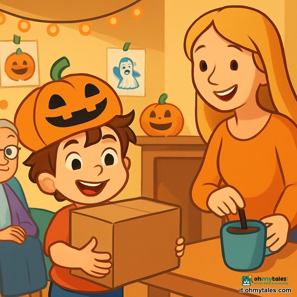 Un bambino di 4 anni, Tommaso, con capelli castani in disordine e un grande sorriso, indossa un adorabile cappellino a forma di zucca. Porta un grande cartone misterioso, i suoi occhi brillano di eccitazione e curiosità. Accanto a lui, la mamma, una donna dolce di circa 30 anni con capelli lunghi e biondi, sorride teneramente mentre prepara una tazza di cioccolata calda sul tavolo. In un angolo, la nonna, una donna anziana con occhiali e capelli grigi, è seduta su una poltrona comoda, circondata da cuscini colorati, guardando Tommaso con orgoglio. La scena si svolge in un salotto accogliente, decorato con ghirlande luminose arancioni e zucche sorridenti. I muri sono adornati con disegni di Halloween e una luce soffusa illumina la stanza. Al centro, Tommaso, con il suo cartone, sembra pronto a rivelare un segreto magico. L'atmosfera è gioiosa e leggermente misteriosa, piena di risate e calore familiare.