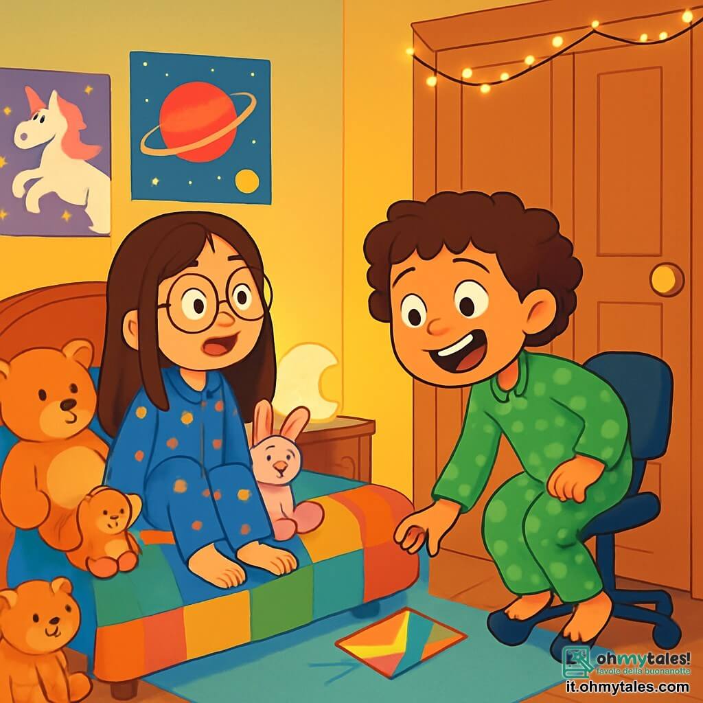 Ci sono due personaggi principali: Luna, una ragazza di 8 anni con lunghi capelli castani e occhiali rotondi, indossa un pigiama blu con stelle dorate ed è seduta sul suo letto circondata da peluche. Giada, una ragazza di 8 anni con capelli corti e ricci, indossa un pigiama verde a pois, è su una sedia a rotelle, sorridente e si piega in avanti con entusiasmo. La scena si svolge nella camera di Luna, decorata con poster colorati di unicorni e pianeti. Il letto è coperto da una coperta patchwork e un grande armadio di legno si trova in un angolo, circondato da luci scintillanti. Peluche di tutte le dimensioni sono sparsi sul pavimento e una dolce luce proviene da una lampada a forma di luna. La situazione principale mostra Luna e Giada che scoprono una misteriosa lettera colorata che scivola sotto la porta; sono incuriosite ed entusiaste, pronte a vivere un'avventura magica nell'armadio, con espressioni di sorpresa e gioia sui loro volti.