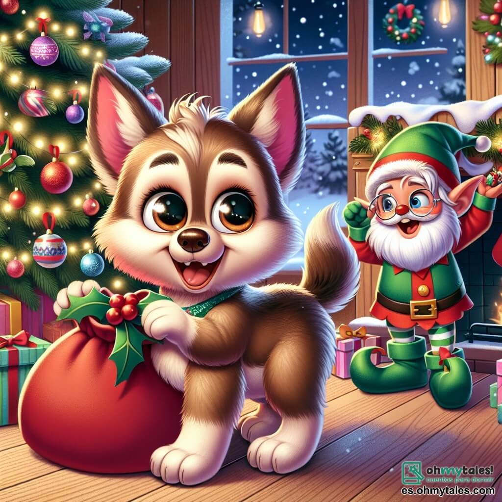 Un pequeño lobo llamado Lolo, con un pelaje suave y marrón, y grandes ojos llenos de curiosidad, está frente a un árbol de Navidad decorado con guirnaldas brillantes y bolas de colores. Sonríe con asombro, con las orejas erguidas, listo para descubrir las sorpresas escondidas. A su lado, un duende travieso, con barba blanca y un gorro rojo puntiagudo, se ríe, sus ojos brillando de malicia. Se esconde detrás del árbol, sosteniendo un pequeño regalo, listo para hacer una nueva broma. La escena se desarrolla en una sala acogedora, con paredes de madera, una chimenea crepitante y calcetines de Navidad colgados. Copos de nieve caen suavemente afuera, añadiendo un toque mágico a la atmósfera. Lolo y el duende están en plena búsqueda de regalos, Lolo levantando un cojín con entusiasmo, mientras el duende se esconde riendo, creando un ambiente alegre y festivo.