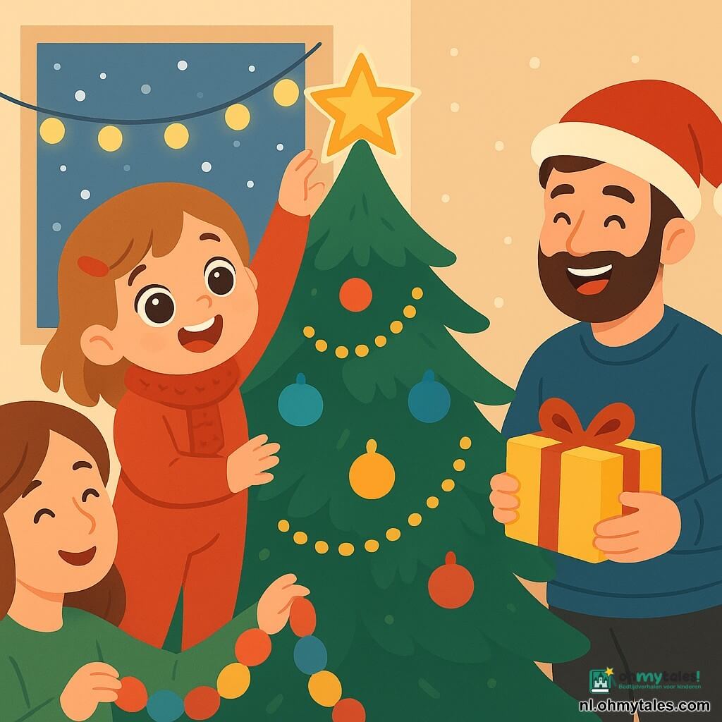 Een 2-jarig meisje genaamd Linde, met grote glanzende ogen en een stralende glimlach, draagt een mooie rode overall en een kleine wollen sjaal. Ze is bezig met het versieren van een kerstboom, haar armen opheffend van opwinding om een schitterende ster bovenop de boom te plaatsen. Naast haar moedert, een zachte vrouw van ongeveer 30 jaar met kastanjebruin haar en een groene trui, die haar aanmoedigt met een warme glimlach, terwijl ze een kleurrijke slinger vasthoudt die ze klaar is om op te hangen. Iets verderop lacht haar vader, een joviale man van ongeveer 32 jaar met een lichte baard en een kerstmuts, terwijl hij een glanzend cadeau vasthoudt, klaar om het aan Linde te geven. De scène speelt zich af in een knusse woonkamer, vol met fonkelende lichten, met een grote kerstboom versierd met gekleurde ballen en gouden slingers, en een open haard waar een warm vuur knettert. Sneeuwvlokken vallen zachtjes naar buiten, wat een magische toets aan de sfeer toevoegt. Linde, vol vreugde, plaatst de ster op de boom, haar ogen sprankelend van geluk, terwijl haar familie haar omringt, lachend en knuffelend in deze feestelijke kerstsfeer.