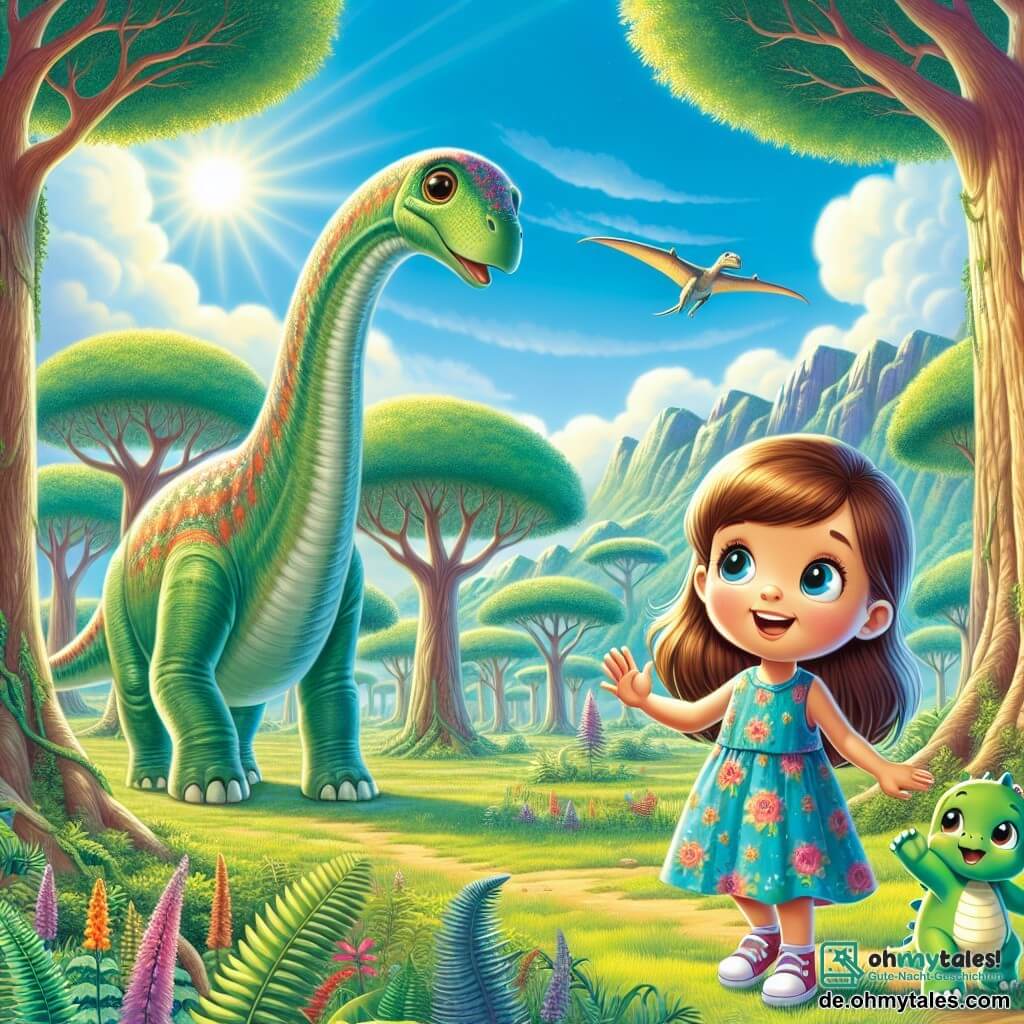 Im Zentrum des Bildes steht ein 8-jähriges Mädchen namens Mia mit langen braunen Haaren und neugierigen Augen, fasziniert vor einem großen, majestätischen Brachiosaurus. Sie trägt ein buntes Kleid mit Blumenmustern und hat ein breites Lächeln im Gesicht, das ihre Aufregung über diese unglaubliche Entdeckung zeigt. Neben ihr steht Tim, ein kleiner grüner Dinosaurier mit großen runden Augen und einem freundlichen Lächeln, der sie ermutigt, indem er eine Pfote hebt, als würde er ihr den Weg zeigen. Er hat ein sanftes und freundliches Aussehen, mit glänzenden Schuppen, die in der Sonne funkeln. Die Szenerie ist eine weite prähistorische Wiese, gefüllt mit großen Bäumen und üppigen Farnen, unter einem strahlend blauen Himmel mit ein paar fluffigen Wolken. Im Hintergrund sind andere Dinosaurier zu sehen, die friedlich umherziehen, was zur magischen Atmosphäre dieser alten Welt beiträgt. Die Hauptsituation zeigt Mia und Tim, die den Brachiosaurus beobachten, der sich vorbeugt, um Blätter von einem riesigen Baum zu fressen, während Mia, mit weit aufgerissenen Augen vor Staunen, bereit ist, einen Schritt nach vorne zu machen und diese faszinierende Welt zu erkunden.