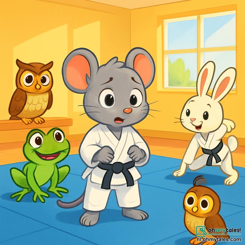 Milo, een kleine muis met een zachte grijze vacht en nieuwsgierige sprankelende ogen, draagt een witte judopak dat licht om hem heen zweeft. Hij ziet er zowel nerveus als vastberaden uit, terwijl hij op de blauwe tatami staat, klaar om te trainen. Suzy, een levendige groene kikker met grote ronde ogen en een bemoedigende glimlach, springt vrolijk naast hem, met haar achterpoten gebogen, klaar om te springen. Oscar, een uil met bruin en witte veren, zit op een hoek van de tatami en kijkt aandachtig met een wijze en geconcentreerde blik. Felix, een klein wit konijn met grote oren, strekt zich aan de andere kant van de tatami uit, met een zelfverzekerde glimlach. De locatie is een lichte sportschool met gele muren en ramen die zonlicht binnenlaten, waardoor de blauwe tatami verlicht wordt waar de dieren samen trainen. De belangrijkste situatie toont Milo, die een beetje aarzelend is, zich voorbereidend op een team judo-oefening, omringd door zijn vrienden die hem enthousiast aanmoedigen, wat een sfeer van kameraadschap en steun creëert.