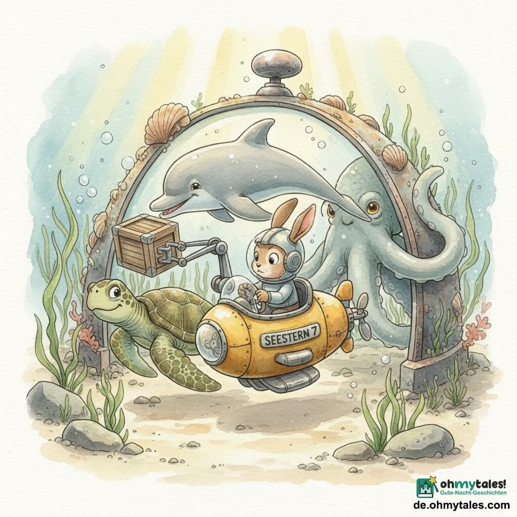 Ein kleiner mechanischer, neugieriger Hase (Milo), konzentriert und entschlossen, sitzt im abgenutzten gelben Mini-U-Boot „SEESTERN 7“, hält das Steuer, die Ohren flach am leichten Helm und hat mit einem Gelenkarm eine Metallkiste gegriffen; eine freundliche Meeresschildkröte (Taro) schwimmt langsam daneben, mit grün-braun strukturierter Panzerung und stützt das Gefährt, ein schelmischer, silbrig glänzender Delfin (Luma) schiebt mit der Schnauze sanft an einer Kiste oder einer Leine hinter dem U-Boot, ein großer neugieriger Oktopus, dessen Haut grau-blau schimmert, legt schlanke Arme an die Glaskuppel und räumt Sand aus dem Eingangsbereich; Schauplatz: ein Wrackfeld auf hellem Sand mit Felsen und langen grünen Algen, eine große Glas-Metall-Kuppel bedeckt mit Algen und Muscheln, Sonnenstrahlen durch das Wasser; Situation: das U-Boot hat gerade eine Ersatzteilkiste vor der Depotkuppel geborgen, Stimmung von kontrollierter Anspannung und Zusammenarbeit, sichtbare Rostdetails, feine Luftblasen und deutliche Algenstrukturen.