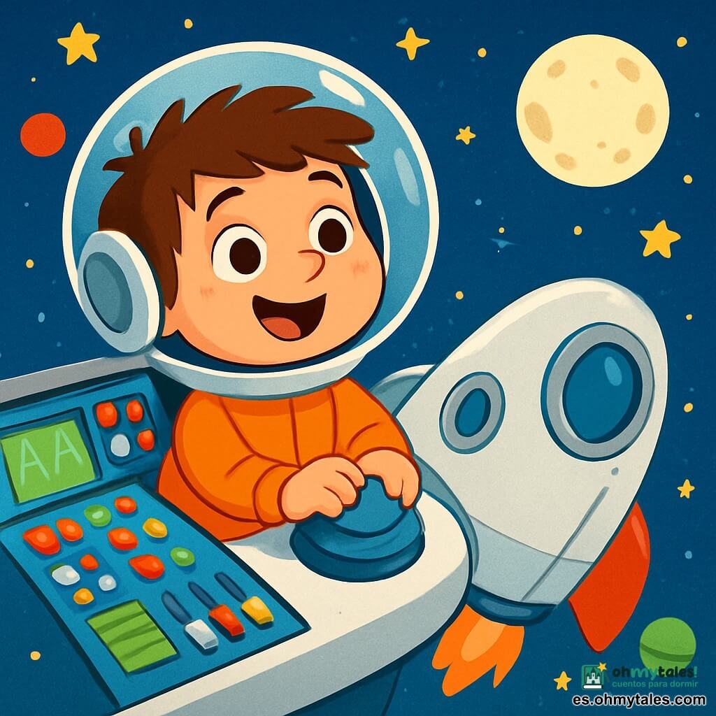 Un niño llamado Pablo, de 6 años, lleva un casco espacial brillante y una sonrisa maravillada. Tiene el cabello castaño desordenado y ojos que brillan de alegría. Pablo está sentado en una nave espacial, con las manos sobre un gran botón azul, listo para despegar. A su lado, la nave espacial, con un casco plateado y ventanas redondas, vibra suavemente, lista para volar. En la cabina, se puede ver un panel de control colorido con muchos botones luminosos. Fuera, un cielo estrellado se extiende a la vista, salpicado de planetas de colores vivos, como una gran bola roja y otra verde. La luna, redonda y brillante, flota majestuosamente en el espacio. La escena principal muestra a Pablo, emocionado, preparándose para despegar hacia las estrellas, mientras la nave emite un suave zumbido, lista para llevarlo en una increíble aventura espacial.