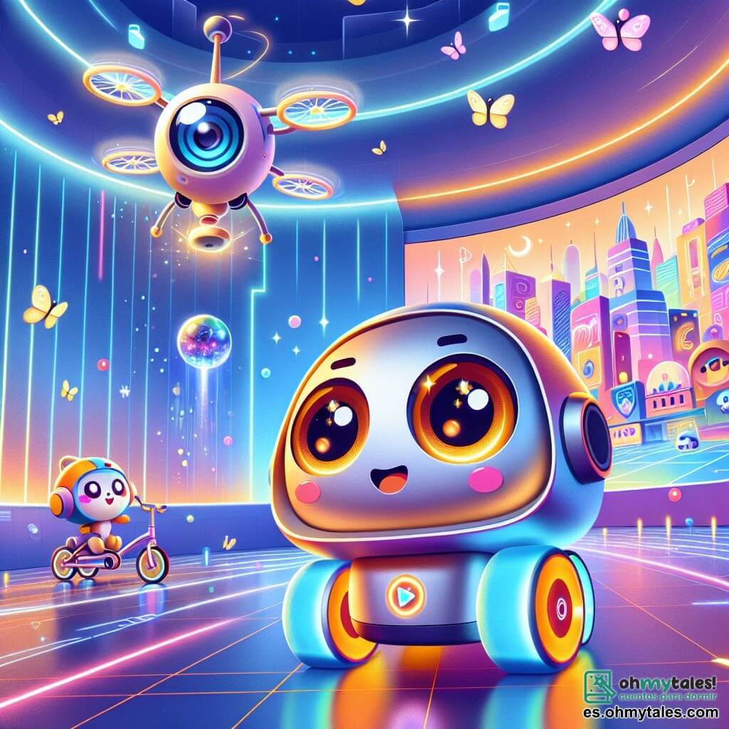 En el centro de la imagen, un pequeño robot llamado Rayo, que se asemeja a un adorable carrito con ojos redondos y brillantes, expresa gran curiosidad y emoción. Está presionando un gran botón rojo en una mesa, rodeado de luces centelleantes y botones coloridos. A su derecha, Droncito, un pequeño dron con alas translúcidas y una sonrisa alegre, flota en el aire, observando a Rayo con admiración. A la izquierda, Bicicleta, un robot bicicleta con ruedas coloridas y una cara sonriente, hace piruetas de alegría en el suelo, añadiendo dinamismo a la escena. El decorado es una sala futurista llena de paredes luminosas, paneles holográficos y una gran pantalla que muestra imágenes de la ciudad de Lumivilla, con árboles coloridos y mariposas brillantes volando alrededor. La situación principal muestra a Rayo desencadenando un proyecto mágico que transforma Lumivilla, con destellos de luz y colores vivos que iluminan la escena, simbolizando la belleza y la alegría que surgen de su acción.