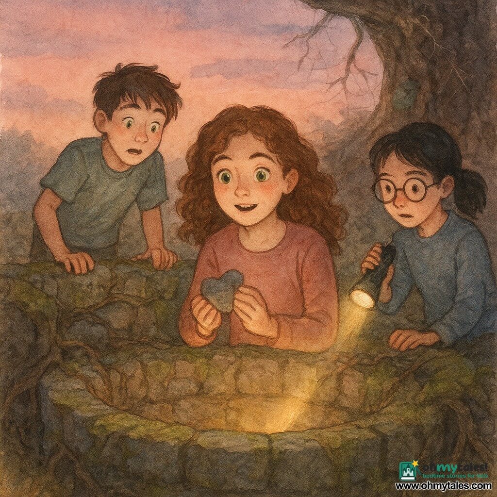 A 12-year-old girl with curly chestnut hair and sparkling green eyes, awe-struck and determined, drops a small stone heart into an old ivy-covered stone well; an about-11-year-old boy with messy brown hair and a surprised smile grips the well's edge to the left, eyes fixed on the glow; an about-11-year-old girl with black hair in a ponytail and round glasses, focused and curious, stands slightly back to the right holding a flashlight that illuminates mossy stones; a twilight clearing with golden grass, gnarled roots and spiderwebs glittering in the sunset under a pink-purple sky; the stone heart sends a thin beam of golden light that opens a secret entrance beneath the roots — a magical discovery scene in a tight composition with soft watercolor colors.