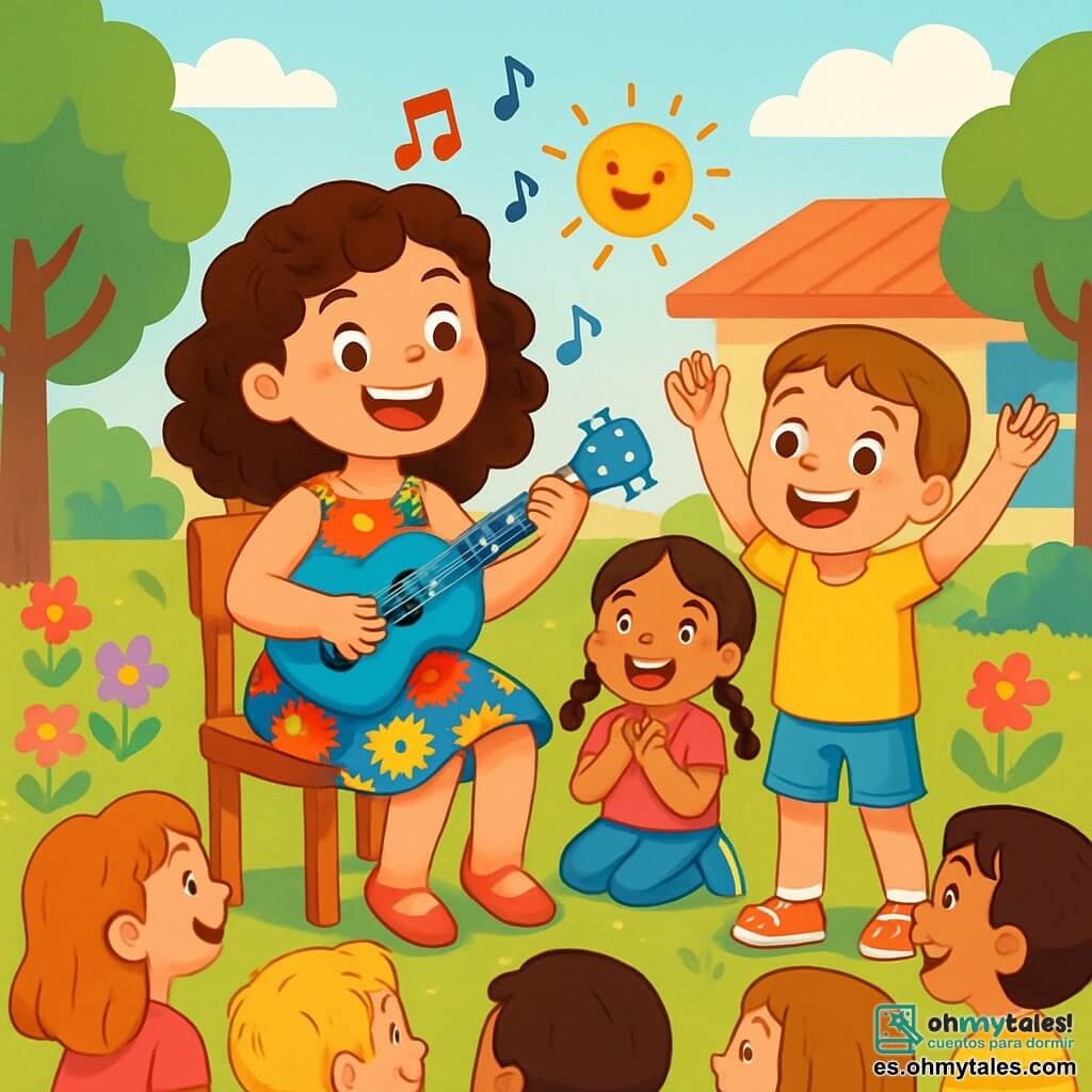 Sofía, una niña con cabello castaño y rizado, lleva un vestido colorido con motivos de flores. Tiene una gran sonrisa y ojos brillantes de emoción. Está sentada en una silla de madera, sosteniendo un ukelele azul brillante y cantando con entusiasmo. A su lado, Ana, una niña de 7 años con trenzas, lleva una camiseta rosa y jeans. Aplaude con una gran sonrisa, los ojos abiertos de felicidad. Lucas, un niño de 8 años con zapatos rojos, está de pie, levantando los brazos, listo para cantar con Sofía. El lugar es un patio escolar soleado, rodeado de árboles verdes y flores coloridas. Niños están sentados en círculo alrededor de ellos, todos sonriendo y cautivados por la música. La situación principal muestra a Sofía y los niños cantando juntos una canción alegre sobre los animales y la amistad, creando una atmósfera festiva y llena de risas.