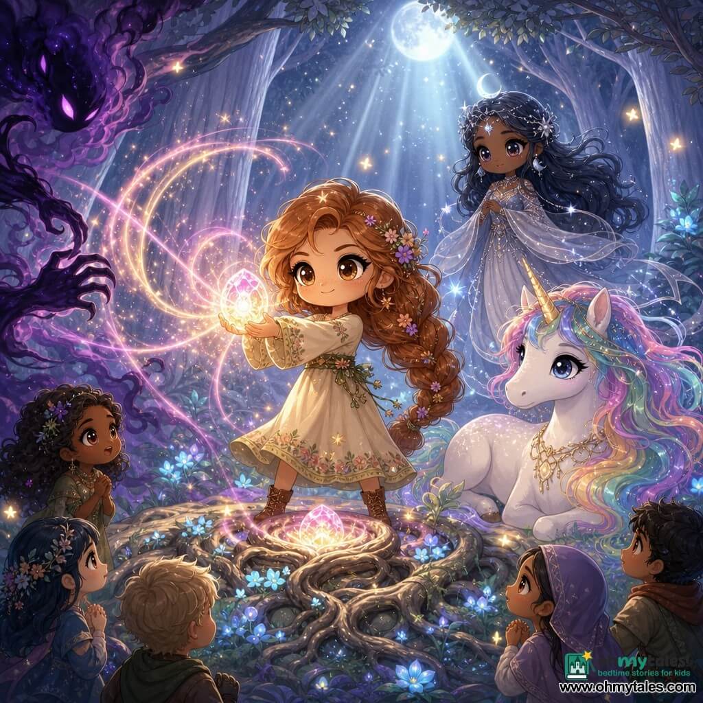 Elara, a young woman with a round smiling face and long auburn braids, holds the glowing Dreamstone that emits pink and gold light at the center of a sacred forest glade; Luna, the dream guardian in a silver moon-thread dress, floats slightly behind, while a majestic pearly white unicorn with a rainbow mane and golden horn lies protectively by a root altar; towering silver trees, coiled roots forming a circle, bioluminescent turquoise flowers, drifting fireflies and moonbeams create a magical scene as the Dreamstone’s spiraling light pushes back a receding violet shadow, in vivid pastel colors with soft contrasts.