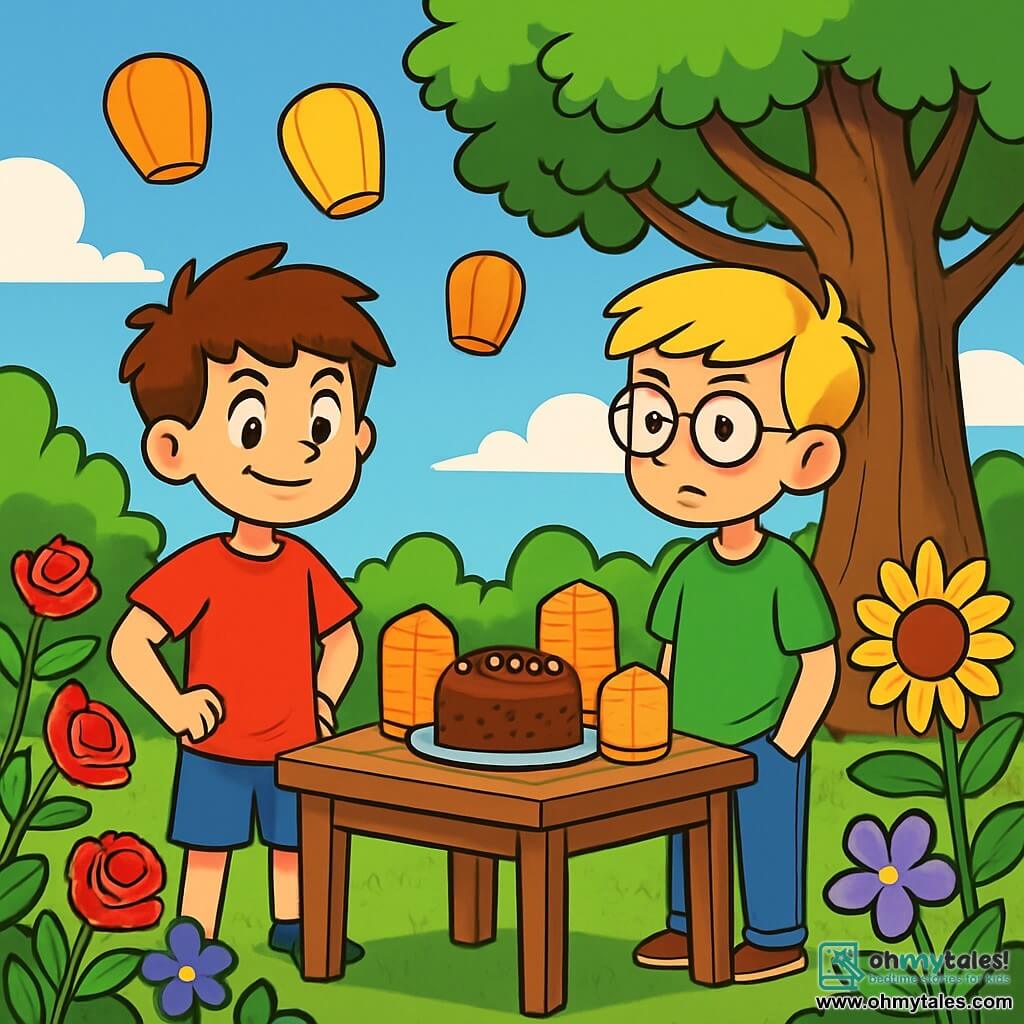 There are two main characters: Oliver, an 11-year-old boy with messy brown hair and sparkling eyes, wearing a red t-shirt and blue shorts, standing on the left, smiling with a determined look; and Jake, also 11, with blonde hair and round glasses, wearing a green t-shirt and jeans, standing to the right of Oliver with his hands in his pockets, wearing a thoughtful expression. The main setting is a sunny, beautiful garden filled with colorful flowers like red roses, yellow sunflowers, and delicate violets. In the center, a large wooden table is adorned with chocolate cakes and paper lanterns, ready for a celebration. In the background, a large oak tree provides shade with its majestic branches. The main situation shows Oliver and Jake gathered around the table, sharing joyful memories of Jake's grandmother, laughing together with friends and family, while lanterns slowly rise into the blue sky, symbolizing love and remembrance.
