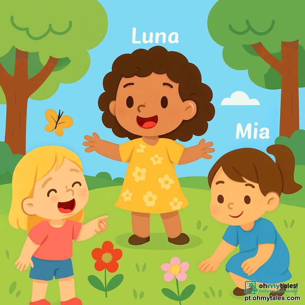 Há 3 personagens: - Luna: uma menina de 6 anos com cabelos castanhos e cacheados, vestindo um vestido amarelo com flores. Ela está no centro, sorrindo, com os braços abertos. - Sara: uma menina de 5 anos com cabelos loiros e lisos, vestindo uma camiseta rosa e um short jeans. Ela está à esquerda de Luna, rindo e apontando para uma bonita flor. - Mia: uma menina de 6 anos com cabelos castanhos e um rabo de cavalo, vestindo um vestido azul. Ela está à direita de Luna, agachada tocando a grama verde. O cenário é um parque ensolarado, cheio de flores coloridas, grandes árvores com folhas verdes e um céu azul claro. É possível ver borboletas voando ao redor das flores e um banco de madeira sob uma árvore. A cena principal mostra as três meninas brincando juntas no parque, rindo e se divertindo, cercadas pela natureza, com expressões de alegria em seus rostos.