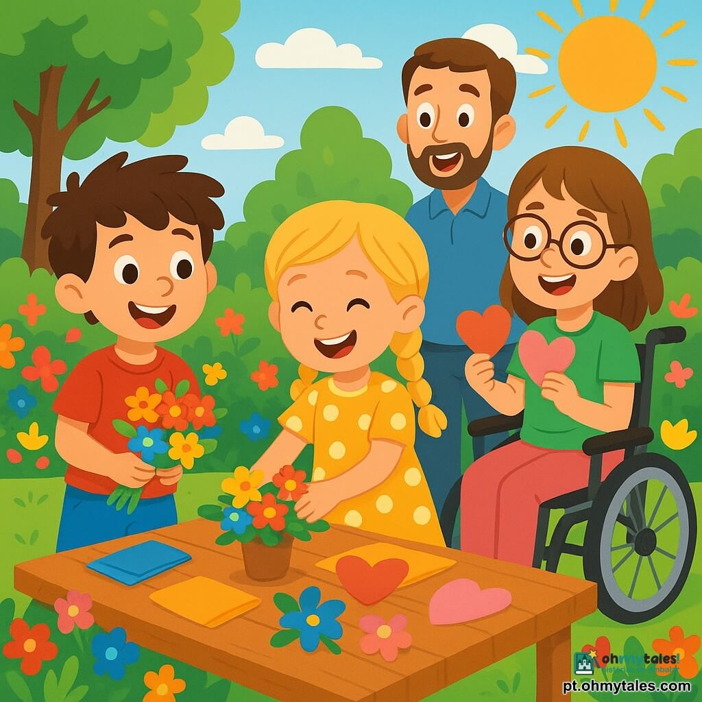 Há 3 personagens: - Tomás: um menino de 7 anos com cabelo castanho bagunçado e olhos brilhantes. Ele veste uma camiseta vermelha e um short azul, está de pé à esquerda segurando um buquê de flores coloridas. - Sofia: uma menina de 6 anos com cabelo loiro trançado e um sorriso radiante. Ela usa um vestido amarelo com bolinhas e está no centro arrumando flores em uma mesa. - Inês: uma menina de 8 anos, sentada em uma cadeira de rodas, com cabelo castanho e óculos. Ela usa uma camiseta verde e calças rosas, está à direita segurando corações de papel que desenhou. O local é um jardim ensolarado, cheio de flores vibrantes. Uma grande mesa de madeira está decorada com flores, toalhas coloridas e corações de papel. Raios de sol filtram através das folhas das árvores, criando uma atmosfera alegre e acolhedora. A cena principal mostra as crianças preparando uma surpresa para o dia dos pais, com sorrisos radiantes e um clima de alegria. Os pais chegam, surpresos e felizes, diante da linda mesa decorada.