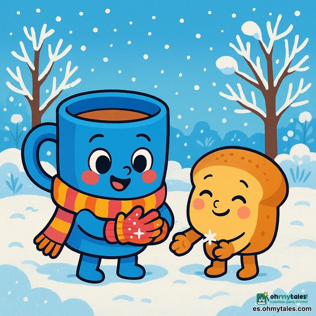 Una taza azul con un corazón rojo, llamada Azulita, se encuentra alegremente en medio de un jardín nevado, con ojos brillantes de curiosidad y una gran sonrisa en su rostro. Lleva guantes de lana coloridos y frota sus manos, dejando escapar pequeñas estrellas brillantes. A su lado, un panecillo dorado, llamado Panecillo, tiene una expresión de alivio y felicidad, con mejillas rosadas y ojos brillantes. Está recogiendo copos de nieve con sus pequeñas manos, mientras se mantiene cerca de Azulita, compartiendo un momento de amistad. El jardín está cubierto de una espesa capa de nieve blanca, con árboles cuyas ramas están cargadas de escarcha brillante. Copos de nieve caen suavemente del cielo azul claro, creando una atmósfera mágica y pacífica. La escena principal muestra a Azulita y Panecillo, unidos en su aventura invernal, jugando en la nieve mientras se apoyan mutuamente, rodeados de un paisaje invernal de ensueño.