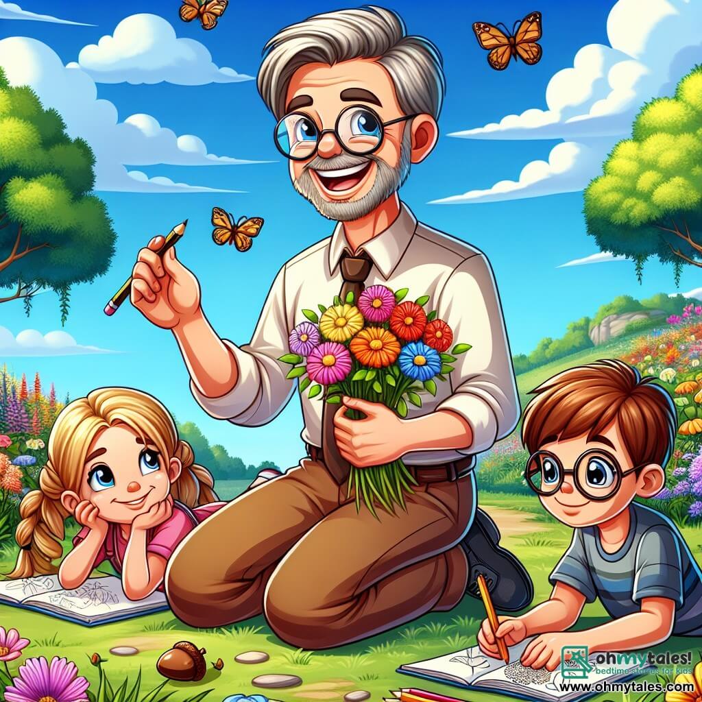 Mr. Wilson is a cheerful teacher in his forties with slightly graying brown hair and round glasses. He is warmly smiling, holding a book in one hand and showing colorful flowers with the other, surrounded by his students. Lily, a seven-year-old girl with long braided blonde hair, is sitting on the ground, focused on her sketchbook, drawing flowers with colored pencils. Next to her, Oliver, a shy seven-year-old boy with brown hair and glasses, is holding an acorn in his hands, his eyes sparkling with excitement. The setting is the beautiful Maplewood Nature Reserve, featuring majestic trees with vibrant green leaves, brightly colored wildflowers, and a clear blue sky dotted with fluffy white clouds. The scene depicts Mr. Wilson explaining the beauty of nature to the children as they explore the wonders of the world around them, creating a joyful and inspiring learning moment.