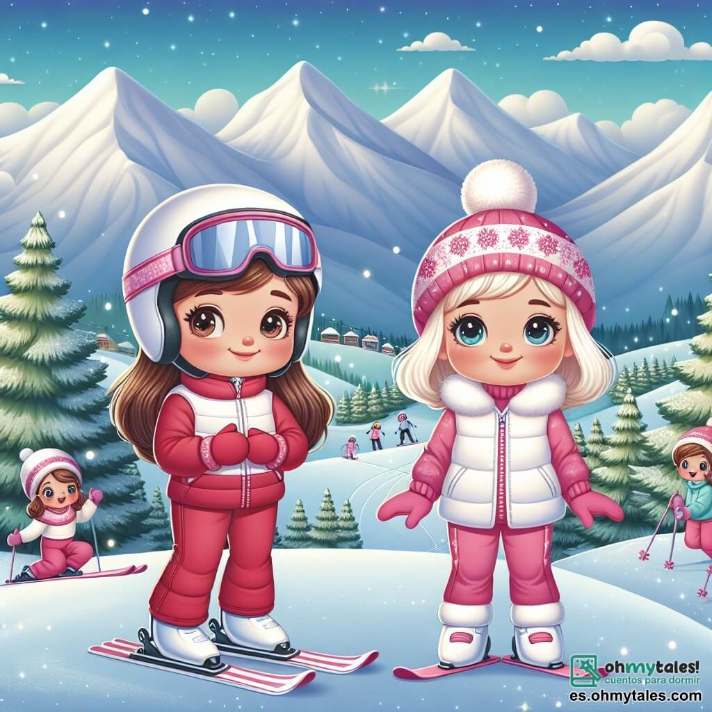 En un paisaje invernal encantador, dos chicas de diez años, Ana y Sofía, están en la cima de una colina nevada. Ana, con cabello castaño y ojos brillantes, lleva un traje de esquí rojo vivo y un casco blanco, lista para bajar la pendiente. A su lado, Sofía, con cabello rubio y ojos azules, viste un traje de esquí rosa y un gorro con pompón, sonriente y alentadora. Su entorno está lleno de majestuosas montañas cubiertas de nieve brillante bajo un cielo azul claro, con abetos verdes emergiendo de la nieve. Abajo en la colina, niños ríen y se divierten, creando una atmósfera alegre y dinámica. La escena captura el momento en que Ana se prepara para esquiar por primera vez en una competencia, con una mezcla de emoción y nerviosismo, mientras Sofía la anima con entusiasmo, simbolizando la amistad y el apoyo en el deporte.
