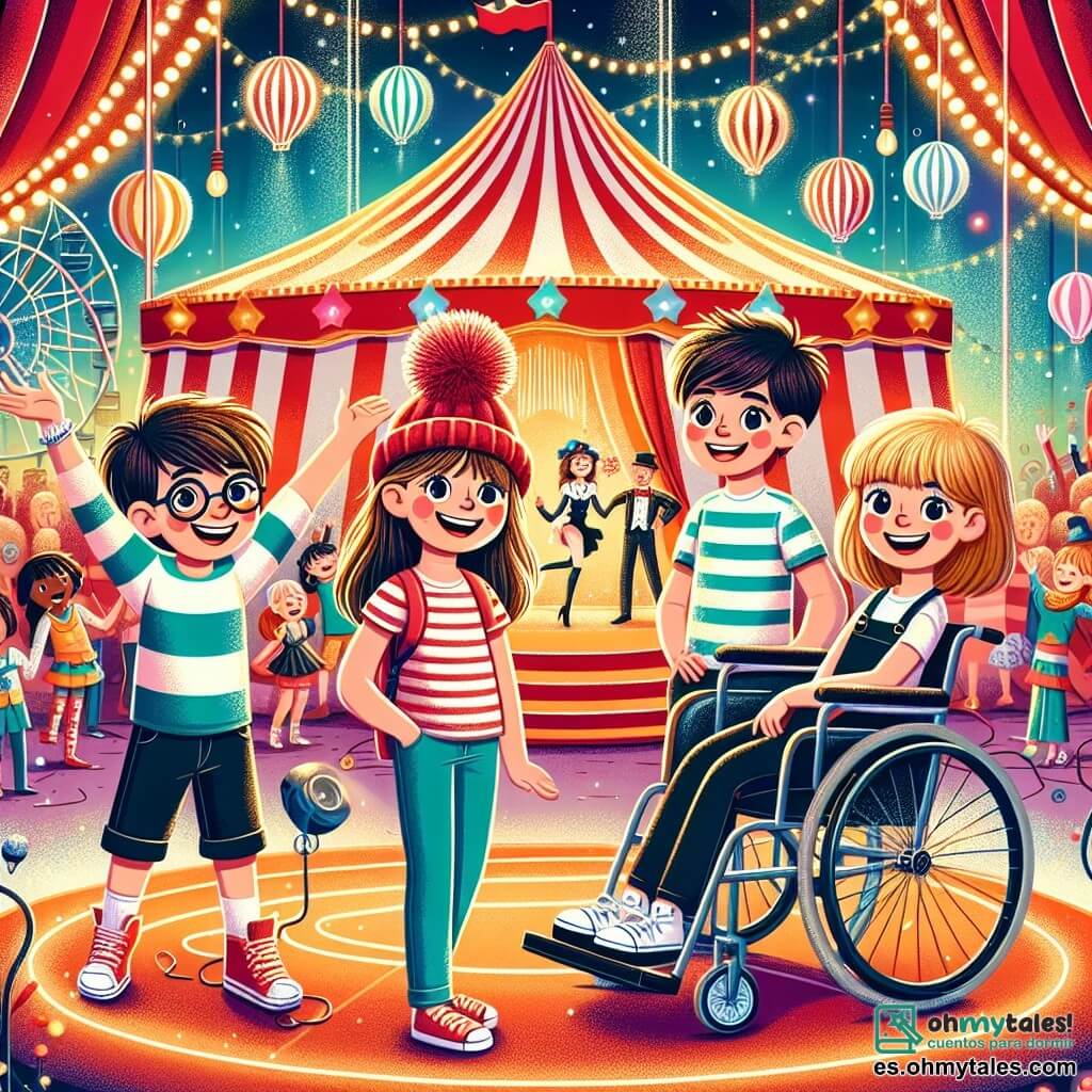 En un circo colorido y animado, cuatro amigos están en el centro del escenario. Sofía, una niña de 8 años con una gorra roja con pompón y cabello castaño, sonríe emocionada. A su derecha, Clara, una niña de 9 años en silla de ruedas, con gafas y cabello rubio, mira con asombro. A la izquierda, Tomás, un niño de 8 años con cabello negro desordenado y una camiseta a rayas, hace un gesto dramático como si fuera un actor de circo. Finalmente, Lucas, un niño de 7 años con cabello castaño y una sonrisa traviesa, señala un gran cartel del circo. El decorado está lleno de colores vivos: carpas a rayas rojas y blancas, luces centelleantes y globos flotantes. Al fondo, artistas con trajes llamativos se preparan para el espectáculo, mientras un gran carpa se erige majestuosamente. La situación principal muestra a los amigos descubriendo a un mago, el Mago Estrellado, que ha perdido su varita mágica. Están juntos, listos para ayudarlo en una búsqueda llena de magia y aventuras, rodeados de un mundo de ensueño y alegría.