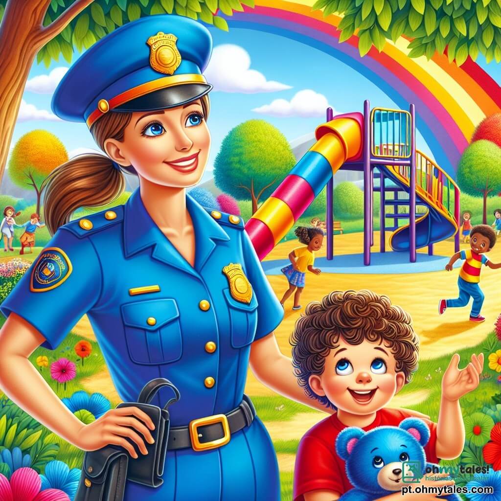Uma policial sorridente, de cerca de 30 anos, veste um uniforme azul vivo e um grande chapéu combinando. Ela tem cabelos castanhos presos em um rabo de cavalo e olhos brilhantes de determinação. Ela está em pé em um parque, com os braços abertos, pronta para ajudar. Ao seu lado, um menino de 6 anos, chamado Pedrinho, tem cabelos cacheados e usa uma camiseta vermelha. Ele olha para cima com um sorriso feliz, segurando seu ursinho de pelúcia nos braços. O parque está cheio de árvores verdes, flores coloridas e um grande escorregador multicolorido. Crianças brincam ao fundo, rindo e se divertindo. A policial e Pedrinho estão sob uma árvore, onde o menino acaba de encontrar seu ursinho, com a ajuda de um passarinho que voa alegremente ao redor deles.