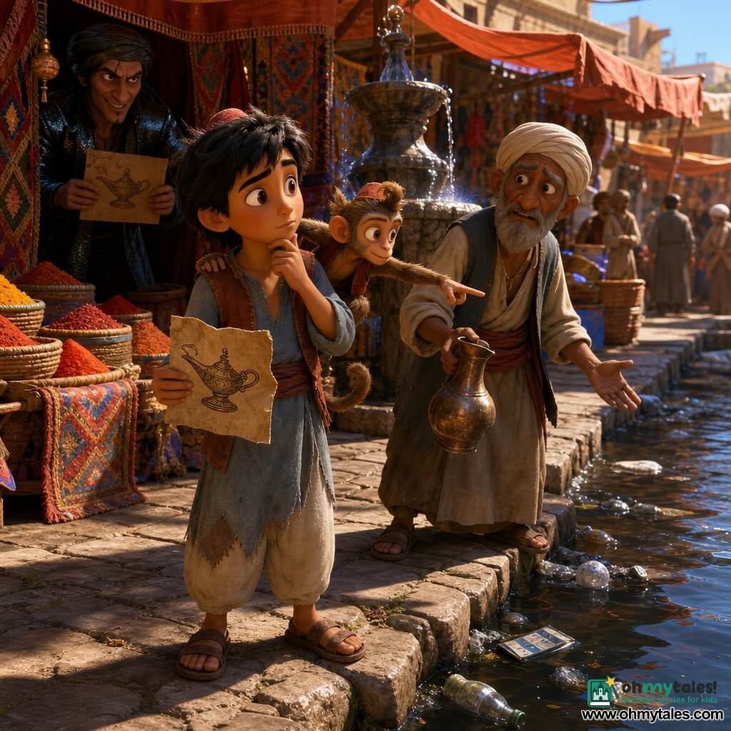 A boy named Aladdin, round-faced with curious eyes, smiling yet pensive, holds a crumpled poster showing a lamp; he wears a faded blue tunic, a rust vest and dusty sandals, and looks toward the water with a hand on his chin; a small monkey named Abu, light brown with bright eyes, perches on his left shoulder, mischievous and protective, pointing at the river; an old water seller (about 60), wrinkled with a short gray beard, holds a copper jug near a stone fountain and points to trash on the bank, worried; a strange man in a shiny coat (about 40), blistered and sly, stands in a tent shadow holding a box with a lamp drawn on it and watches; the scene is a bustling riverside market—uneven cobbles, baskets of red-orange spices, colorful rugs, a splashed circular stone fountain, and a bank strewn with bottles and paper on dark water—Aladdin faces a dramatic choice between the promise of a magic lamp and the reality of a polluted river, emphasized by warm market light and cold shadows toward the shore.