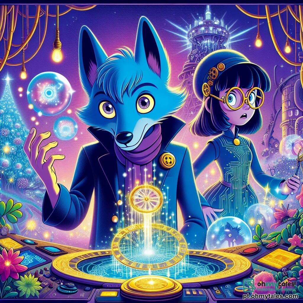 Lupin, um pequeno lobo de pelos azul brilhante e olhos cheios de curiosidade, está no centro da cena, com uma expressão determinada e um pouco preocupada, segurando seu Relógio do Tempo que emite bolhas de sabão cintilantes. À sua direita, Mirabótica, uma bruxa-cientista com óculos em forma de engrenagens e um vestido feito de circuitos luminosos, observa Lupin com uma expressão de preocupação, seus cabelos bagunçados flutuando ao seu redor como fios de ferro. O cenário é uma paisagem fantástica onde magia e tecnologia se encontram: árvores com troncos de metal brilhante, flores que emitem faíscas e um céu roxo salpicado de estrelas cintilantes. Ao longe, uma imensa máquina entrelaçada de fios e luzes piscantes, a Máquina do Destino, se ergue, cercada por nuvens de vapor colorido. A situação principal mostra Lupin e Mirabótica decifrando um mapa holográfico que flutua diante deles, enquanto relâmpagos de magia e circuitos elétricos dançam ao seu redor, simbolizando a mistura de seus mundos.