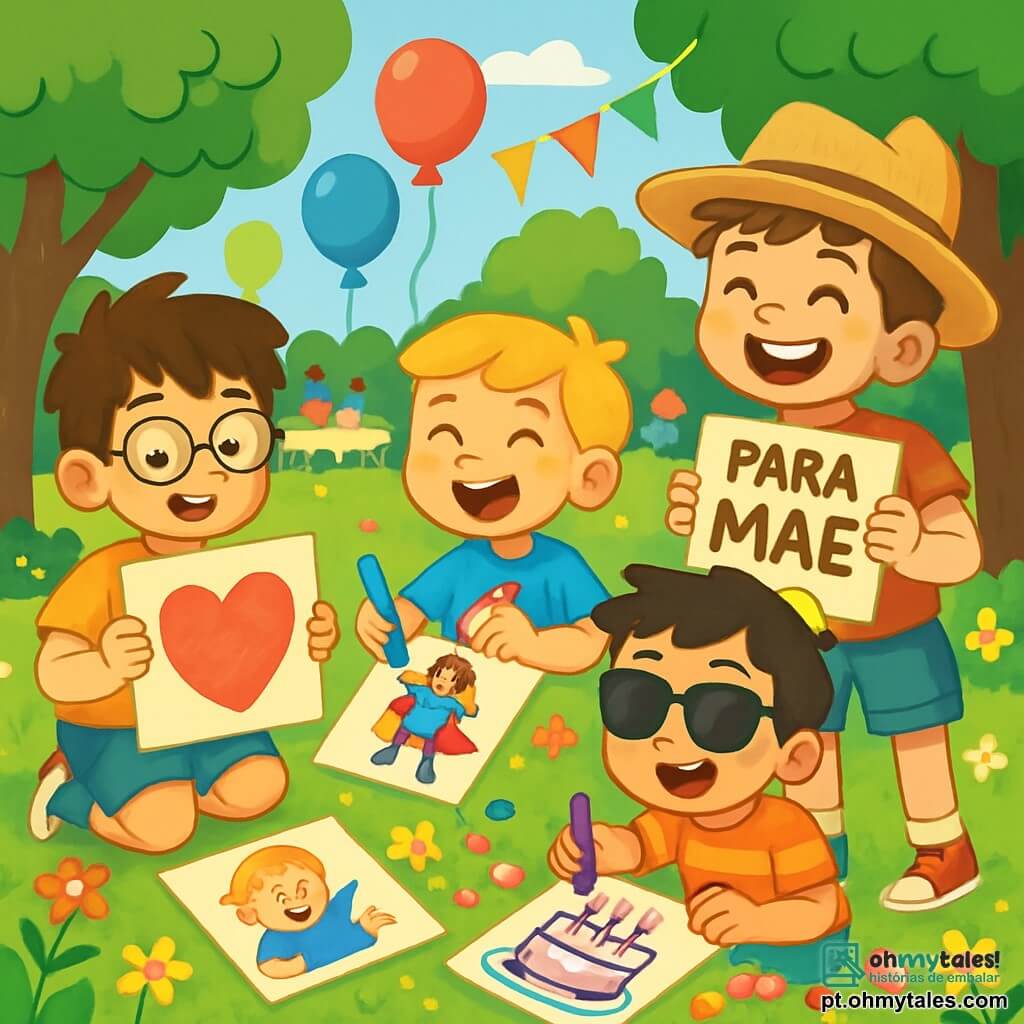Há 4 crianças: - Lucas: um menino de 8 anos, com cabelo castanho bagunçado e óculos redondos. Ele segura um lápis de cor e um cartão onde desenhou um coração gigante. - Pedro: um menino de 8 anos, com cabelo loiro e um grande sorriso. Ele usa uma camiseta azul e desenha uma mãe super-heroína em uma folha de papel. - Rafa: um menino de 8 anos, com cabelo negro e óculos de sol. Ele está sentado no chão, cercado de doces e bolos, desenhando um enorme bolo com velas. - Tomás: um menino de 8 anos, com cabelo castanho e um chapéu de palha. Ele está em pé, segurando um cartão com uma mensagem engraçada para sua mãe, enquanto ri com os amigos. O local é um parque ensolarado, cheio de flores coloridas e grandes árvores verdes. Balões flutuam no ar e famílias se reúnem em torno de mesas decoradas com guirlandas. Ao longe, pode-se ver uma barraca de bolos e bebidas geladas. A situação principal mostra os quatro amigos criando cartões para o Dia das Mães, cercados de risos e alegria, trocando ideias divertidas e desenhando juntos, com cores vibrantes em seus cartões.