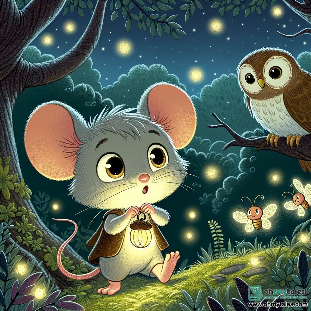 An illustration depicts a small mouse boy with soft gray fur and bright eyes, showing a mix of curiosity and apprehension. He holds a small acorn-shaped lantern, lighting his path in the night. Nearby, a wise owl with brown feathers and large round eyes watches the boy kindly from a tree branch, appearing calm and encouraging, ready to share its wisdom. In a corner of the illustration, a family of fireflies sparkles joyfully, their glowing bodies dancing in the dark air, adding a touch of magic to the scene. The main setting is an enchanted forest, where tall trees with twisted trunks rise majestically, their leaves forming a green canopy above. Moonlight filters through the branches, creating dancing shadows on the mossy ground covered with night flowers. The main situation shows the mouse boy, slightly nervous but determined, venturing into the dark forest, guided by the light of his lantern and surrounded by his new glowing friends. Other graphic elements include twinkling stars in the night sky, a light mist floating between the trees, and colorful flowers that bring life to the scene, creating a magical yet reassuring atmosphere.
