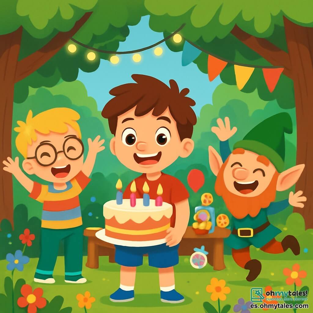 Hay 3 personajes: Manuel, un niño de 7 años con cabello castaño desordenado y ojos brillantes de alegría, lleva una camiseta roja con un dibujo de superhéroe y un pantalón corto azul. Está en el centro de la imagen, sonriendo y sosteniendo un gran pastel de cumpleaños decorado con velas. Pedro, un niño de 7 años con cabello rubio y gafas redondas, lleva una camisa a rayas multicolores y pantalones verdes. Está a la izquierda de Manuel, haciendo un gesto festivo con los brazos levantados. Tito, un pequeño duende con grandes orejas puntiagudas y barba roja, lleva un sombrero verde y una túnica colorida. Está a la derecha de Manuel, saltando de alegría con una gran sonrisa. La escena se desarrolla en un claro del Bosque de las Sorpresas, rodeado de árboles majestuosos y flores multicolores. Manuel, Pedro y Tito celebran el cumpleaños de Manuel rodeados de amigos animales en un ambiente festivo, riendo, bailando y cantando, creando una atmósfera alegre y mágica.