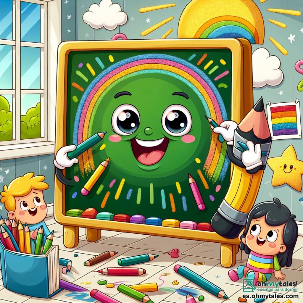 Un pizarrón verde brillante, con una sonrisa alegre y ojos chispeantes, se encuentra en el centro de la escena, rodeado de colores vibrantes. Está dibujando un gran mural con lápices de colores, mostrando su entusiasmo y creatividad. A su derecha, un cuaderno de páginas coloridas, con un rostro sonriente y ojos brillantes, observa con admiración al pizarrón, sosteniendo un lápiz en una de sus manos, listo para añadir dibujos al mural. A su izquierda, un lápiz rápido, con forma alargada y rayas amarillas y negras, está trazando rayos de sol, mostrando una expresión concentrada y decidida. La escena transcurre en un aula luminosa y acogedora, con paredes decoradas con dibujos de arcoíris, estrellas y nubes. Ventanas dejan entrar la luz del sol, iluminando el espacio y creando un ambiente alegre. La situación principal muestra al pizarrón y sus amigos colaborando para crear un hermoso mural colorido, simbolizando su amistad y creatividad, mientras se divierten juntos en su nueva escuela.