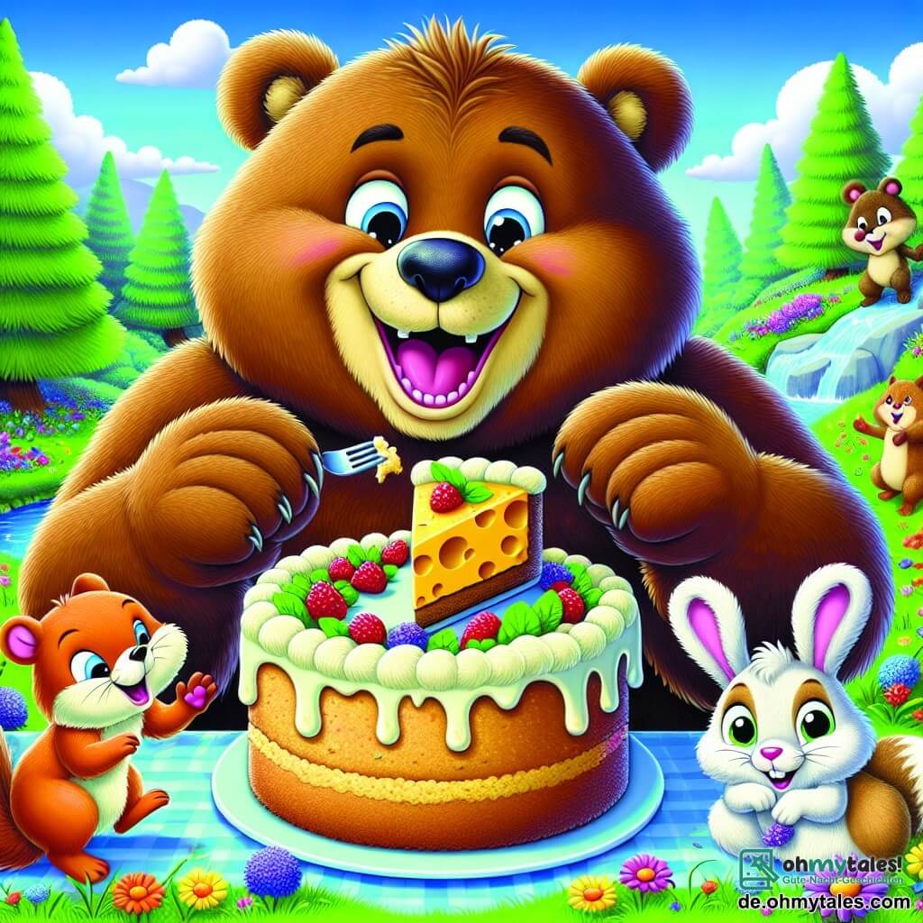Im Zentrum des Bildes lacht Bruno, ein großer Braunbär mit weichem, zerzaustem Fell, herzhaft, während er ein Stück Käsekuchen in seinen großen Pfoten hält. Links von ihm springt Lenny, ein kleiner, lebhafter Eichhörnchen mit rotem Fell, vor Freude mit erhobenen Pfoten und einem breiten Lächeln. Rechts sitzt Max, ein niedlicher weißer Hase mit großen Ohren, der etwas verlegen, aber lächelnd ein Stück Kuchen knabbert. Im Hintergrund erstreckt sich eine grüne Wiese mit bunten Blumen unter einem strahlend blauen Himmel, umgeben von majestätischen Bäumen und einem glitzernden kleinen Bach. Die Szene zeigt die Freunde, die um einen großen Käsekuchen versammelt sind, lachend und Witze austauschend, und verkörpert die Freude und Kameradschaft ihres Festtages.