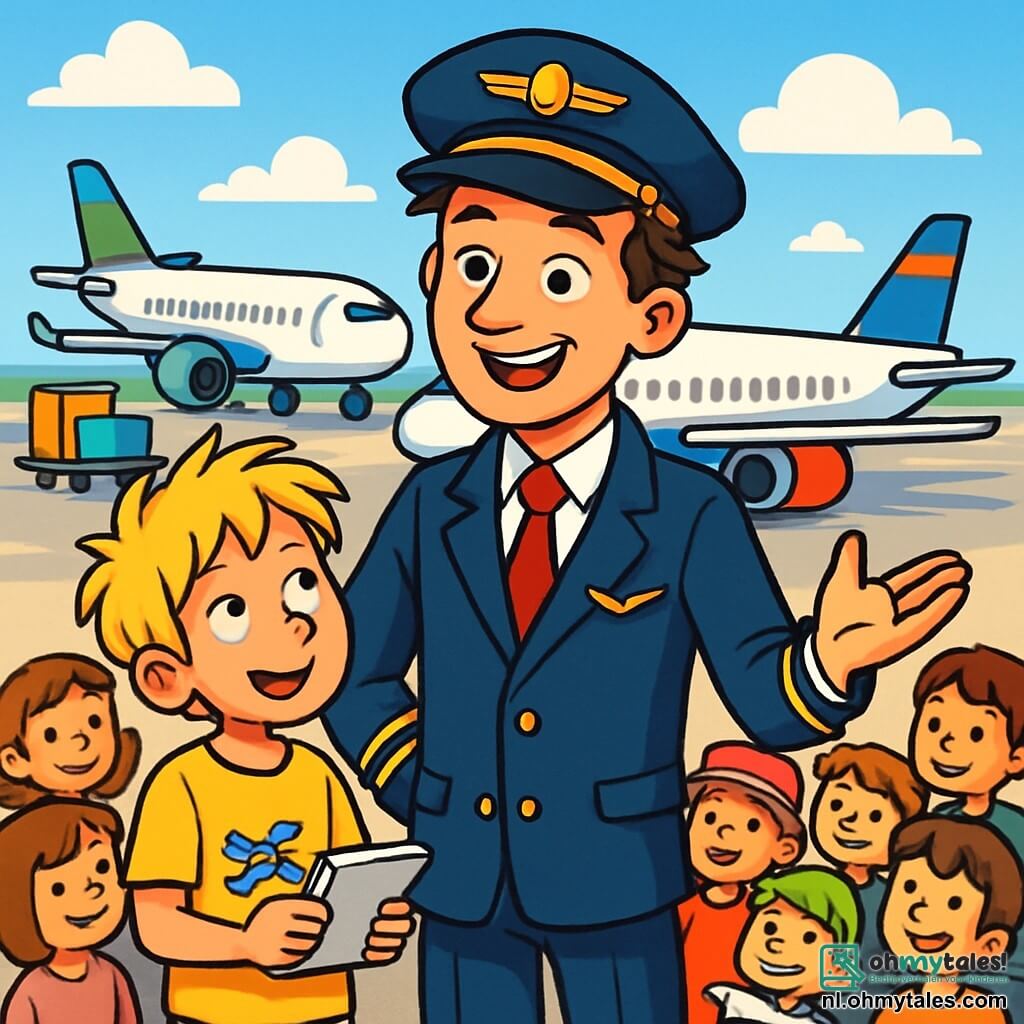 Een man, kapitein Lucas, staat op de tarmac van de luchthaven, glimlachend met fonkelende ogen van vreugde. Hij draagt een marineblauw pilotenuniform, met een rode stropdas en een pet versierd met een gouden vleugel. Zijn bruine haar is lichtjes in de war door de wind, en zijn gezicht straalt enthousiasme uit. Naast hem kijkt een jongen genaamd Mees, ongeveer 8 jaar oud, naar Lucas met verwonderde ogen. Hij heeft rommelig blond haar en draagt een felgeel t-shirt met een vliegtuigtekening. Mees houdt een klein notitieboekje in zijn handen, klaar om alle verhalen van Lucas op te schrijven. Op de achtergrond staat een groep jonge kinderen, jongens en meisjes, in een cirkel om hen heen, allemaal geboeid door het verhaal van de piloot. Sommigen dragen kleurrijke hoeden en anderen houden vliegtuigjes vast. De locatie is een levendige luchthaven, met vliegtuigen in verschillende kleuren op de tarmac, gestapelde koffers en heldere borden. De lucht is helder blauw met enkele donzige witte wolken. De hoofdsituatie toont Lucas die zijn vliegavonturen aan de kinderen vertelt, enthousiast gebarend terwijl hij uitlegt hoe vliegtuigen opstijgen en door de wolken vliegen, terwijl de kinderen aandachtig luisteren, verwonderd door zijn verhalen.