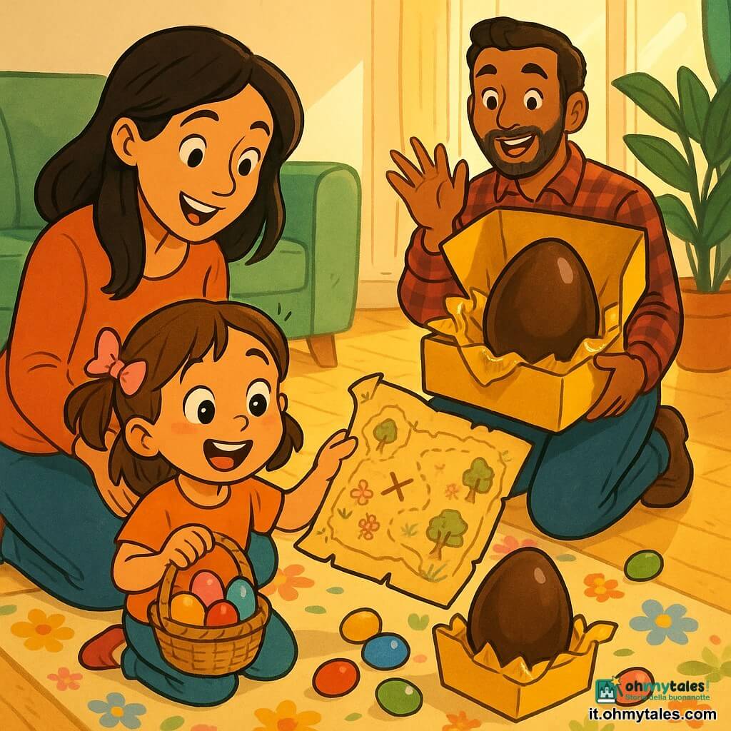 Bambina di 4 anni con occhi grandi e brillanti e due piccole codine castano chiaro, sorridente e meravigliata, tiene un cestino di vimini con uova colorate; la mamma, viso dolce e capelli castani sciolti, è inginocchiata accanto a lei mostrando una grande mappa del tesoro disegnata a mano; il papà, barba leggera e camicia a quadri, sta dietro applaudendo e regge una scatola dorata aperta con un grosso uovo di cioccolato visibile; la scena è in un soggiorno luminoso con pavimento chiaro, tappeto floreale colorato, divano verde e una grande pianta vicino alla finestra illuminata dalla luce mattutina; momento principale: la bambina scopre il grande uovo di cioccolato nella scatola circondata da piccoli ovetti colorati, espressioni gioiose, colori vivaci, atmosfera calda e festosa di Pasqua, stile fumetto europeo con dettagli giocosi come fiocco rosa, carta dorata e piccole decorazioni floreali.
